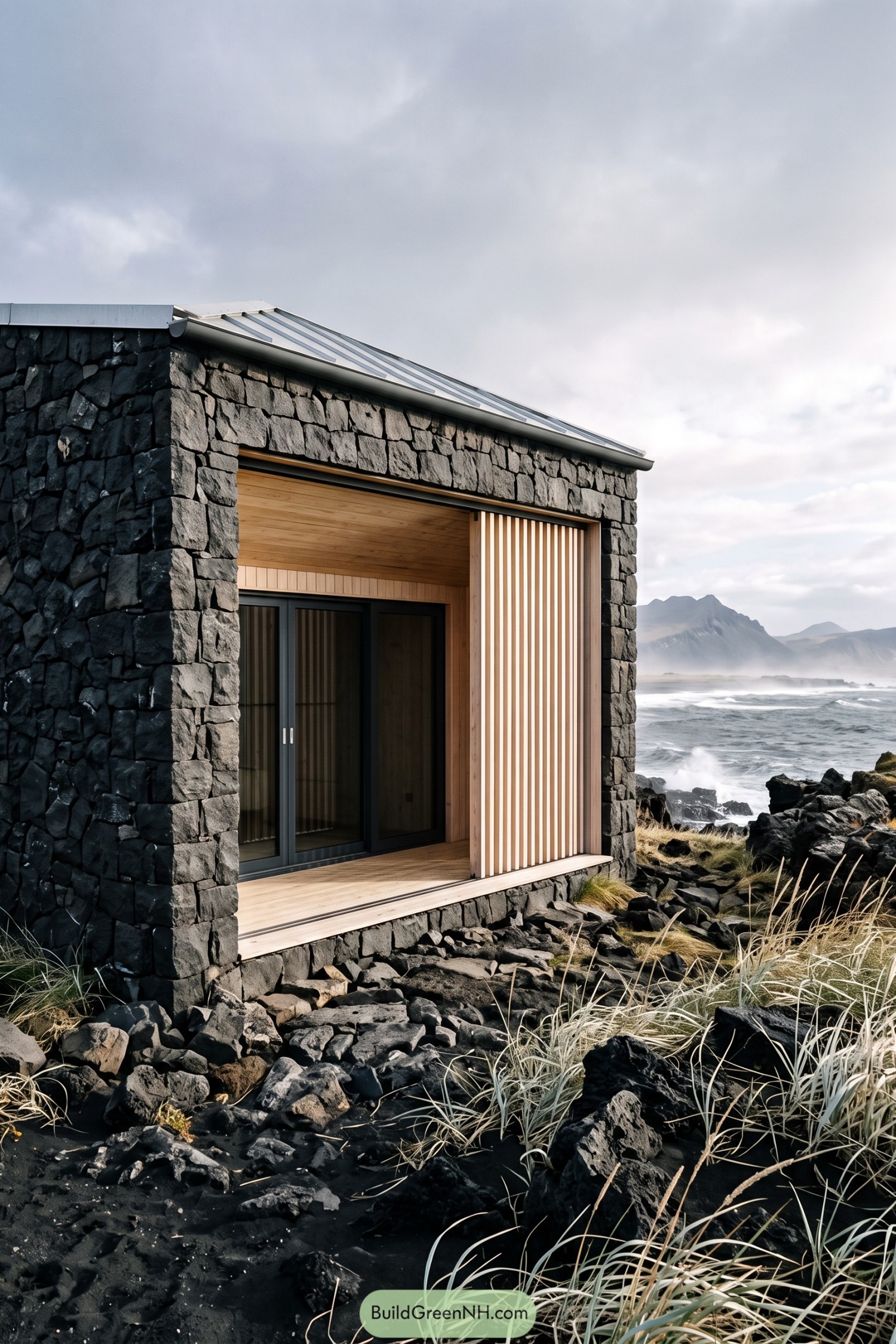 Basalt-clad retreat with a timber-lined coastal recess