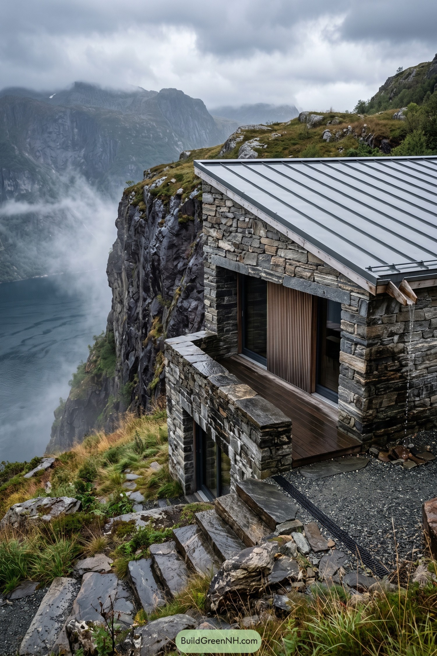 Stone cliff house with a timber-lined balcony overlooking a misty fjord