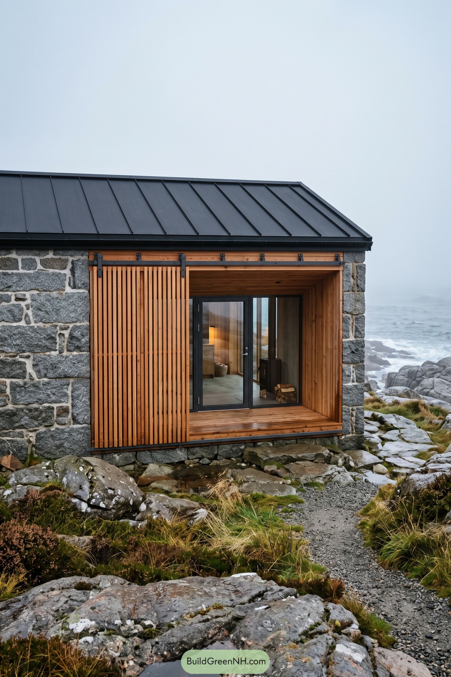 Stone retreat with a timber lined recessed entrance beside the sea