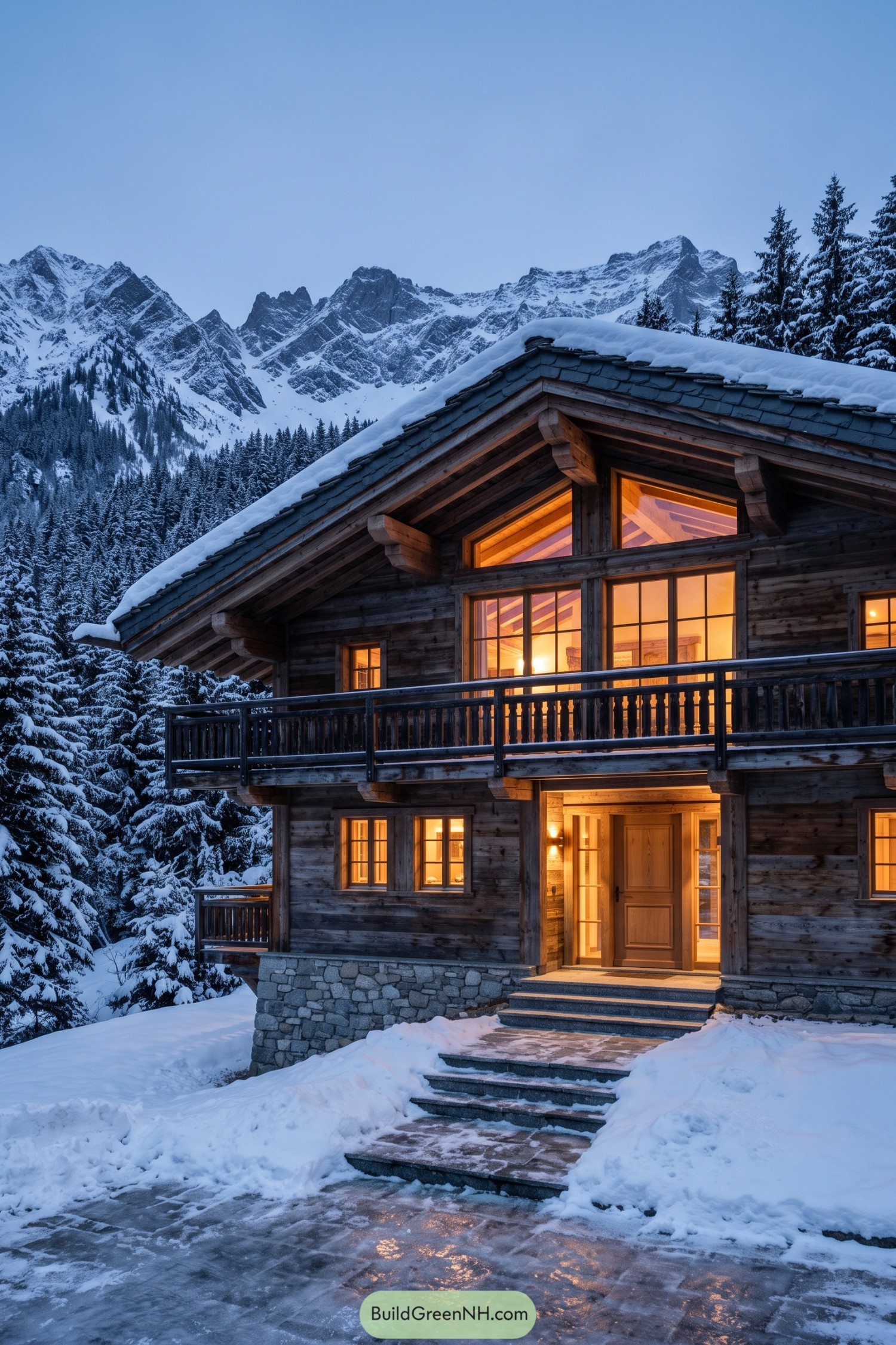 Wooden Swiss chalet with snowy roof and mountain backdrop