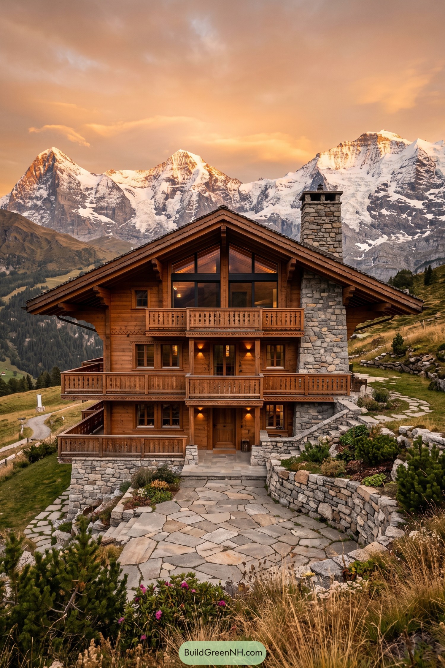 Timber chalet with stone chimney beneath snowy peaks