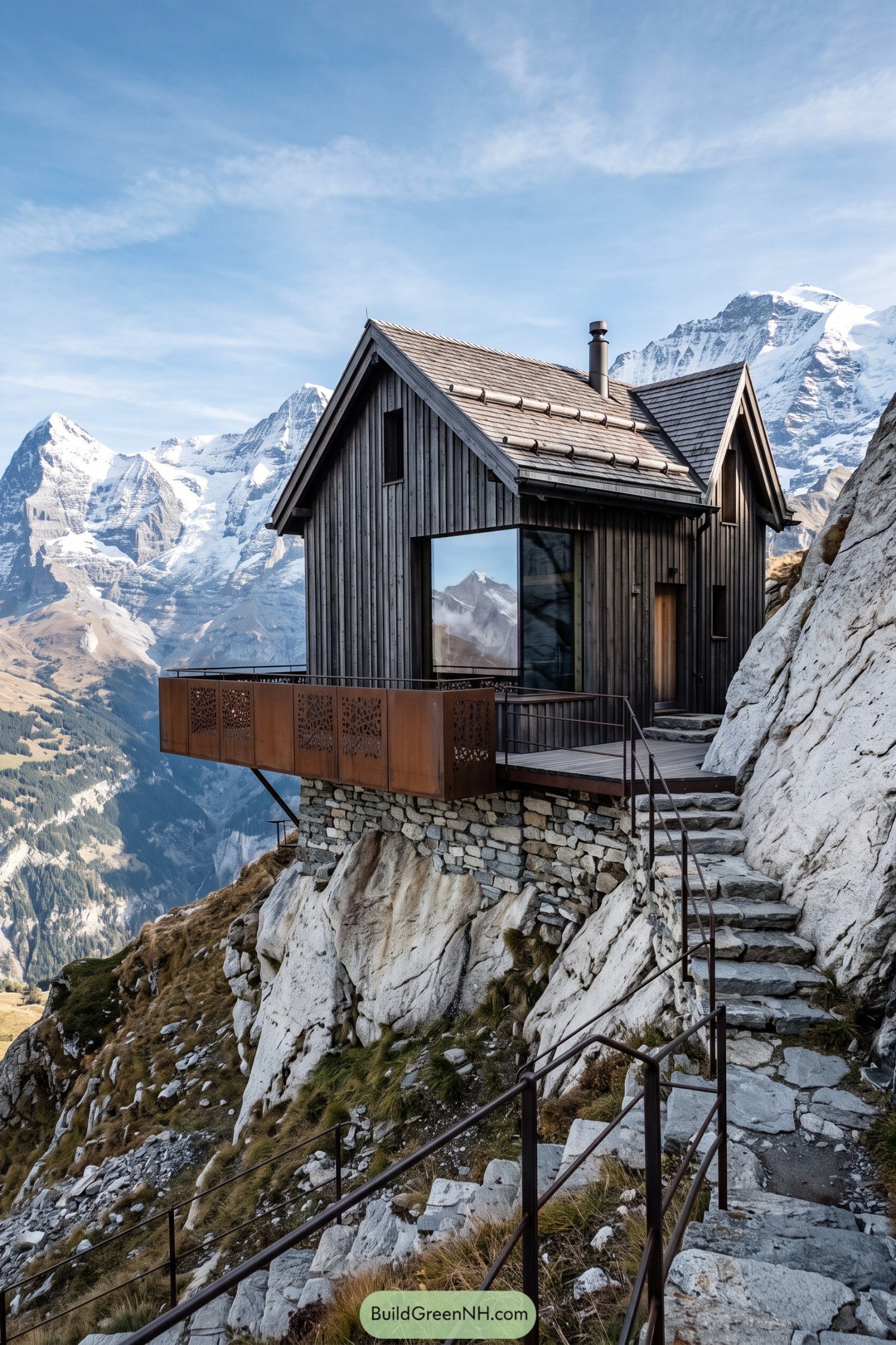 Dark timber chalet perched on a stone cliff with a rusted metal balcony