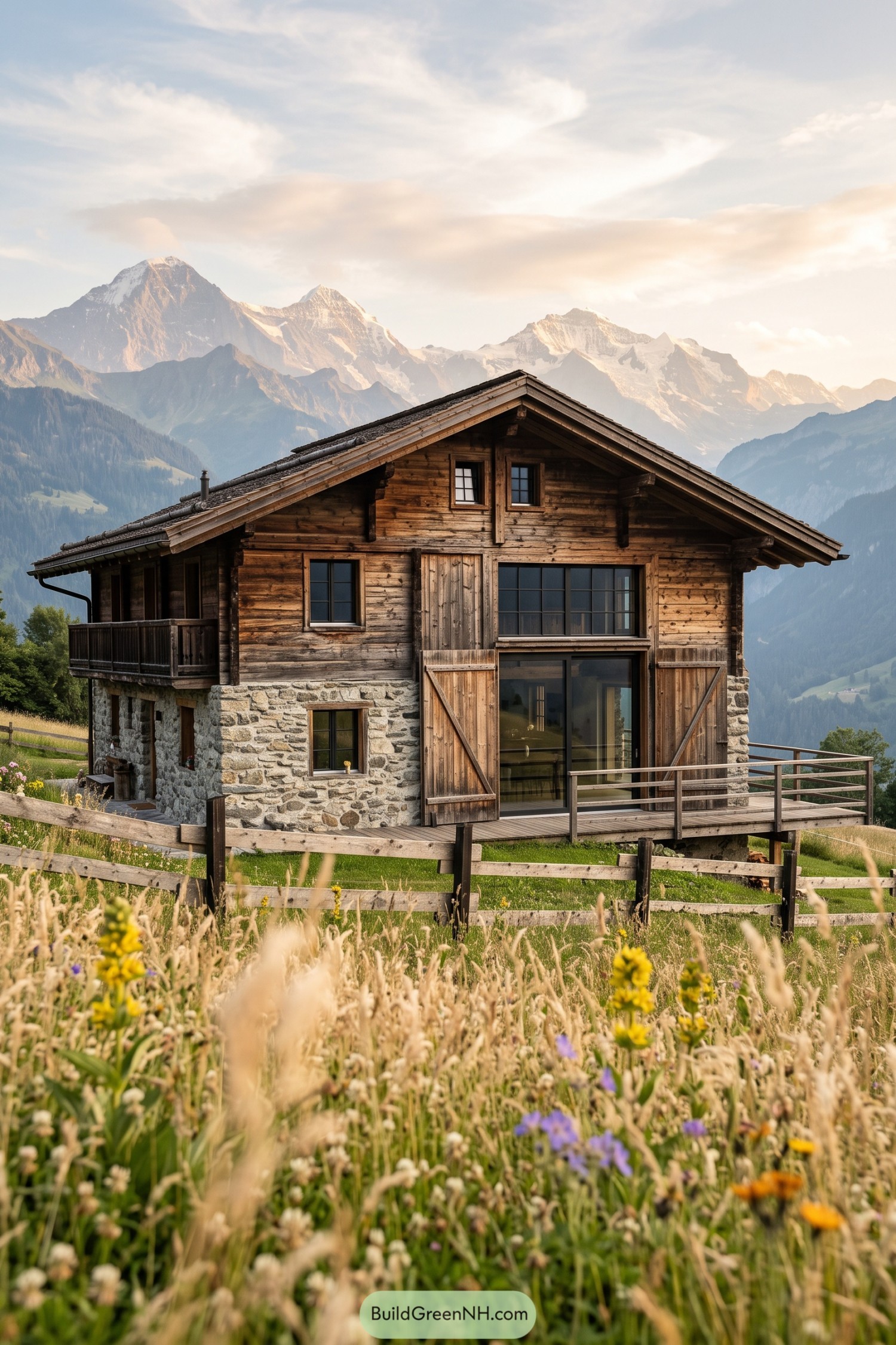 Timber and stone chalet beside alpine wildflowers