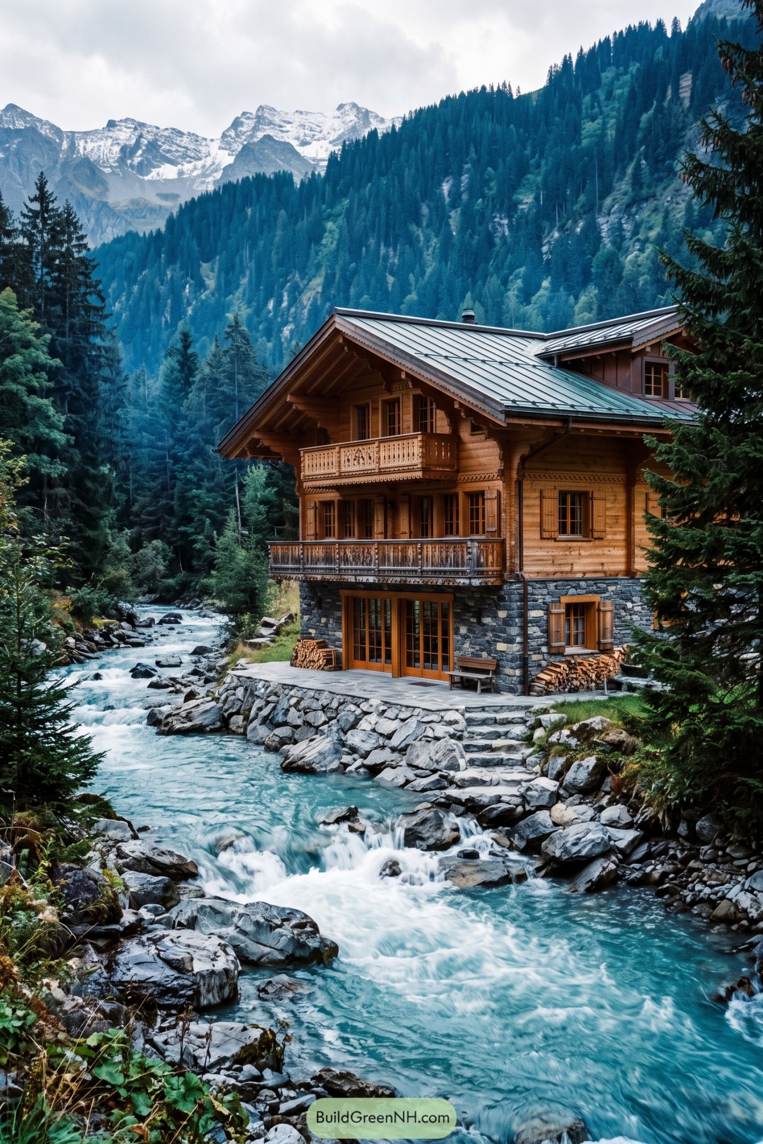 Timber chalet with carved balconies beside a rocky alpine stream