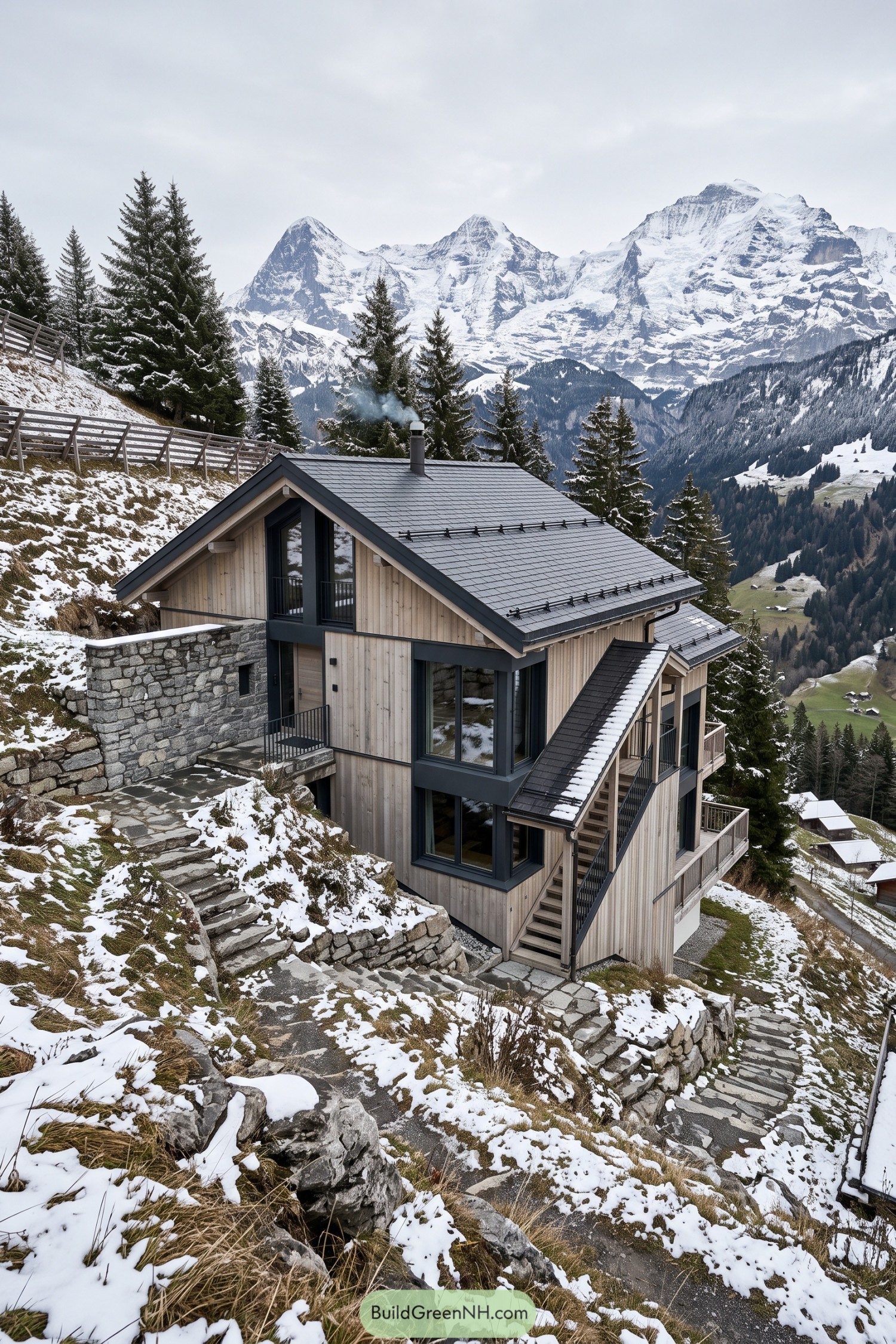 Modern timber chalet with slate roofs on a snowy alpine slope
