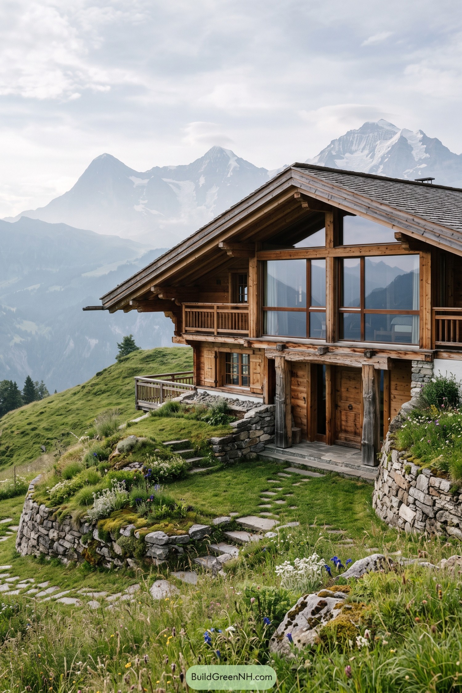 Timber chalet with stone terraces beneath snowy peaks