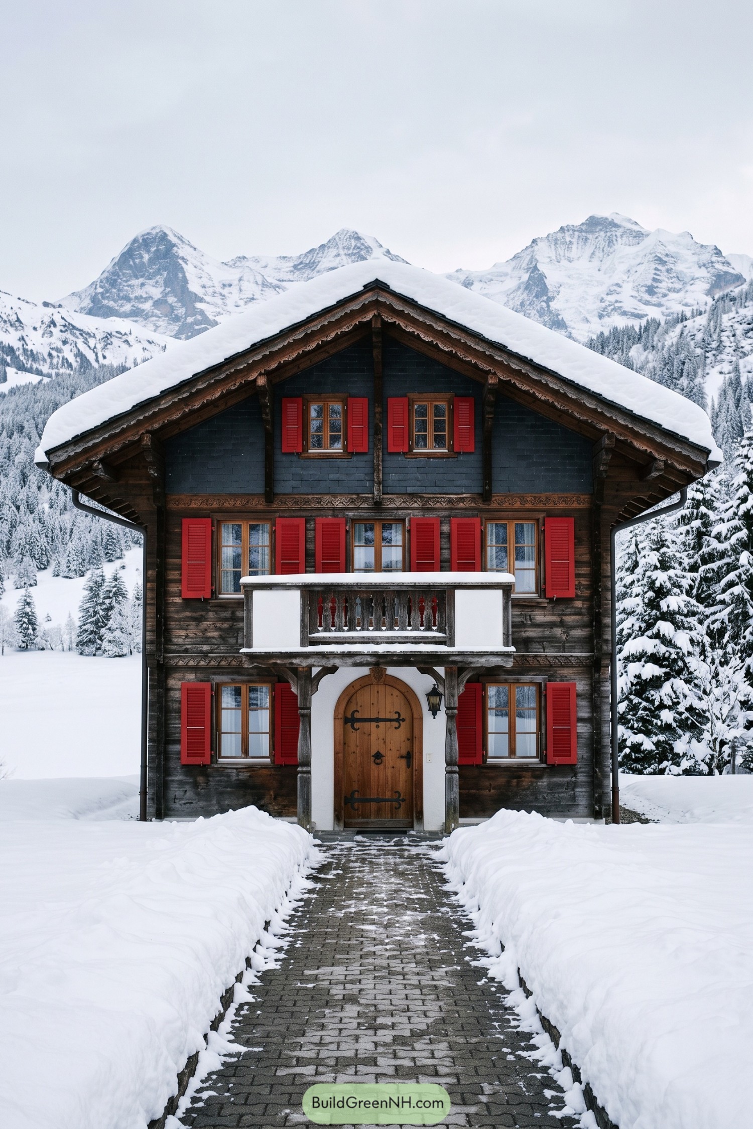 Three-story timber chalet with red shutters beneath a deep snow-covered roof