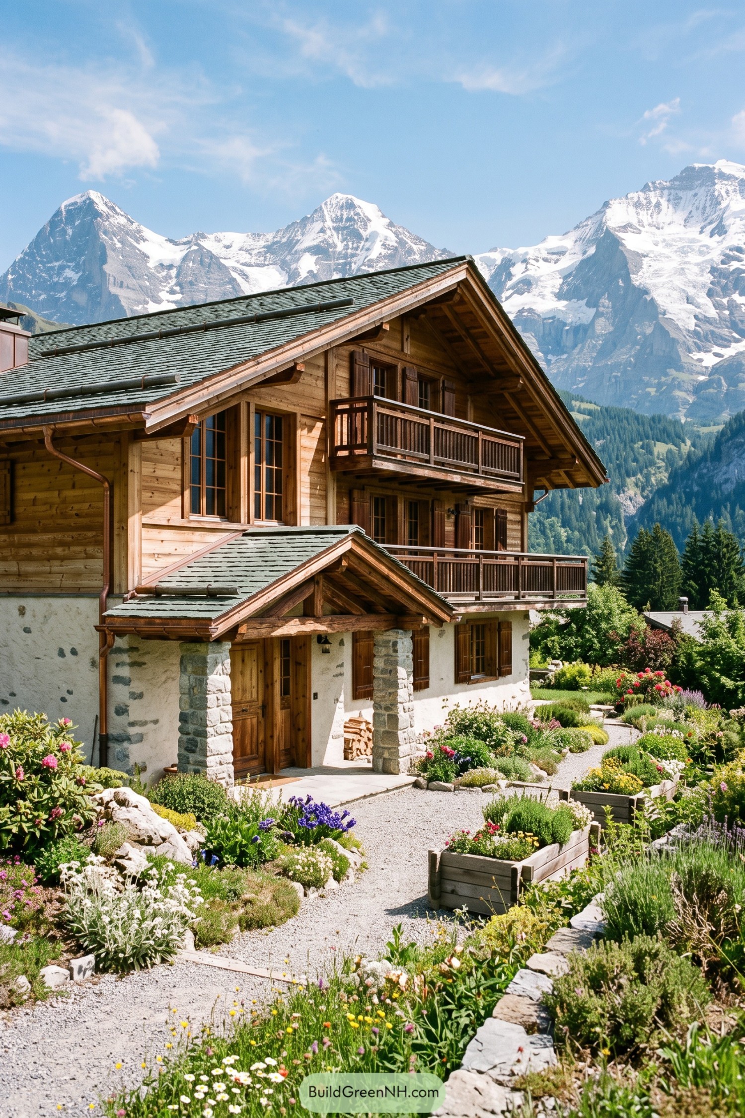 Timber chalet with balconies and flower garden beneath snowy peaks