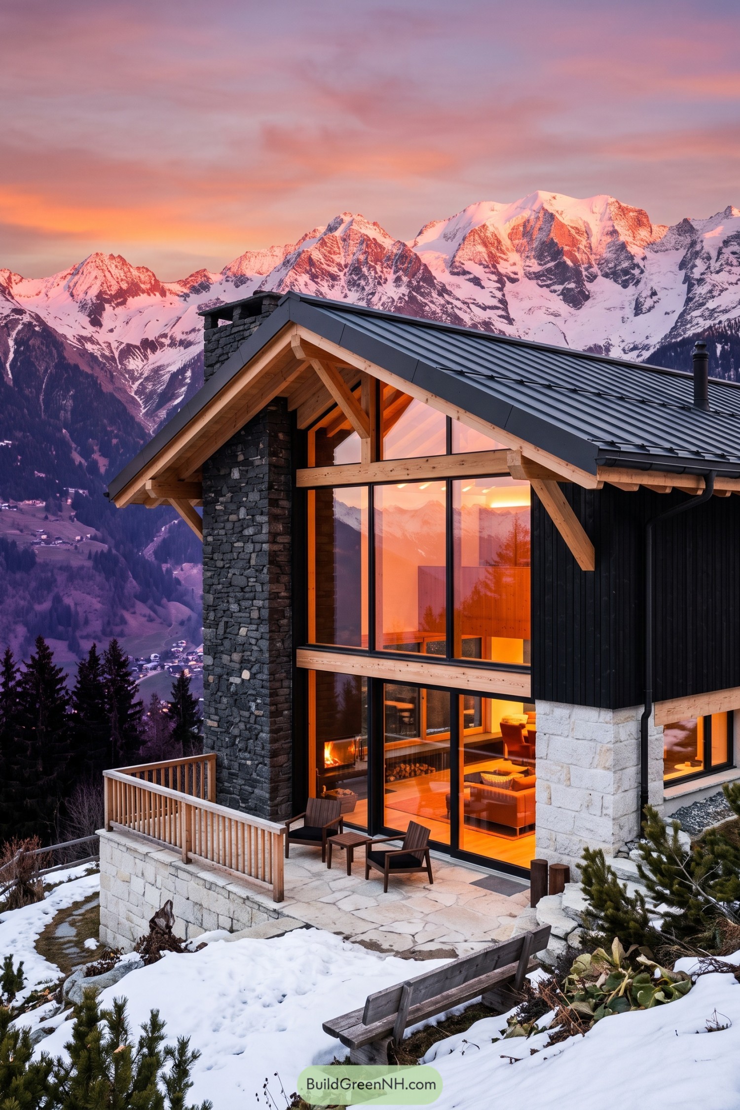 Modern chalet with stone chimney and panoramic glazing