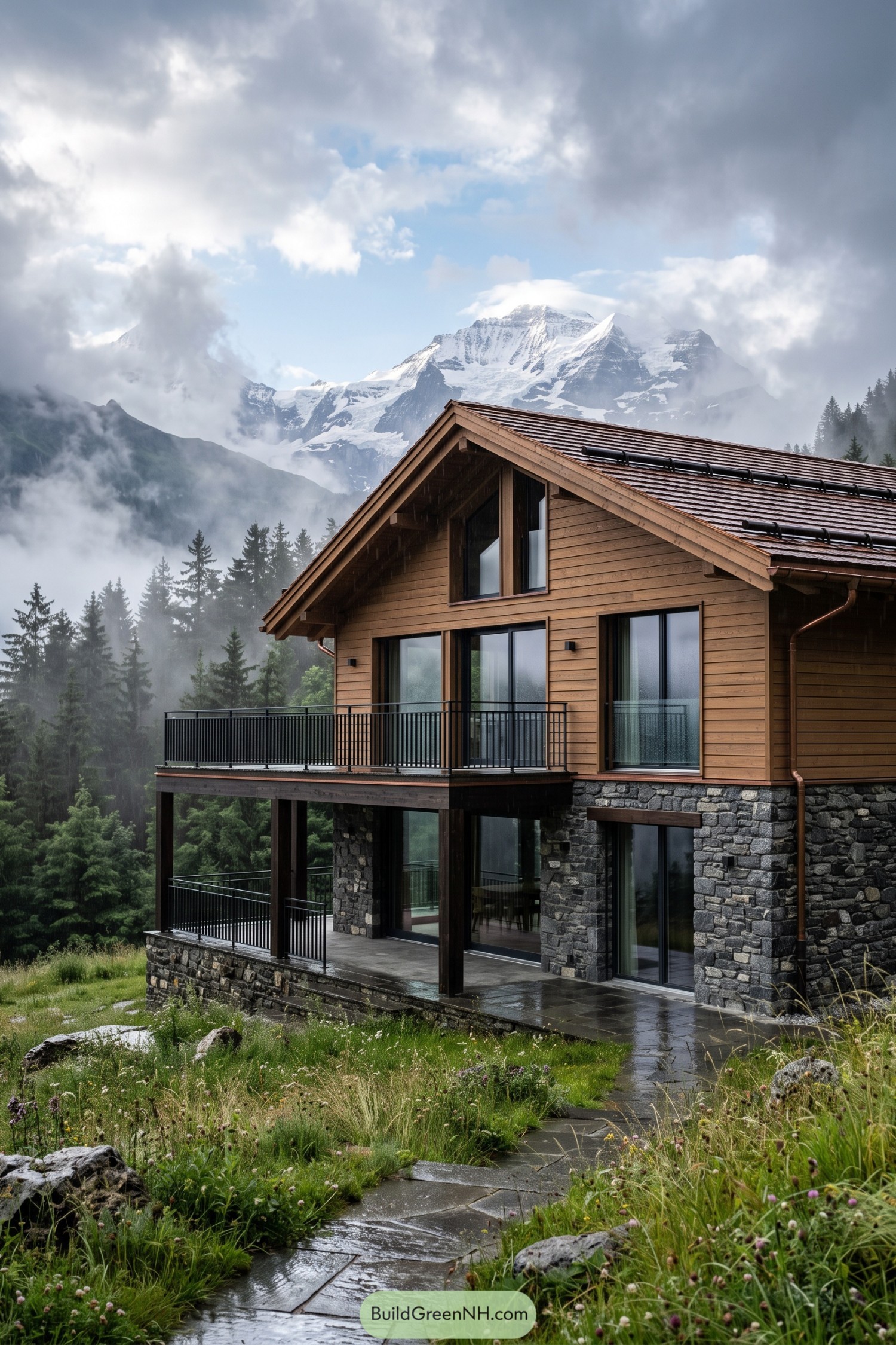 Two-story timber chalet with stone base and mountain views