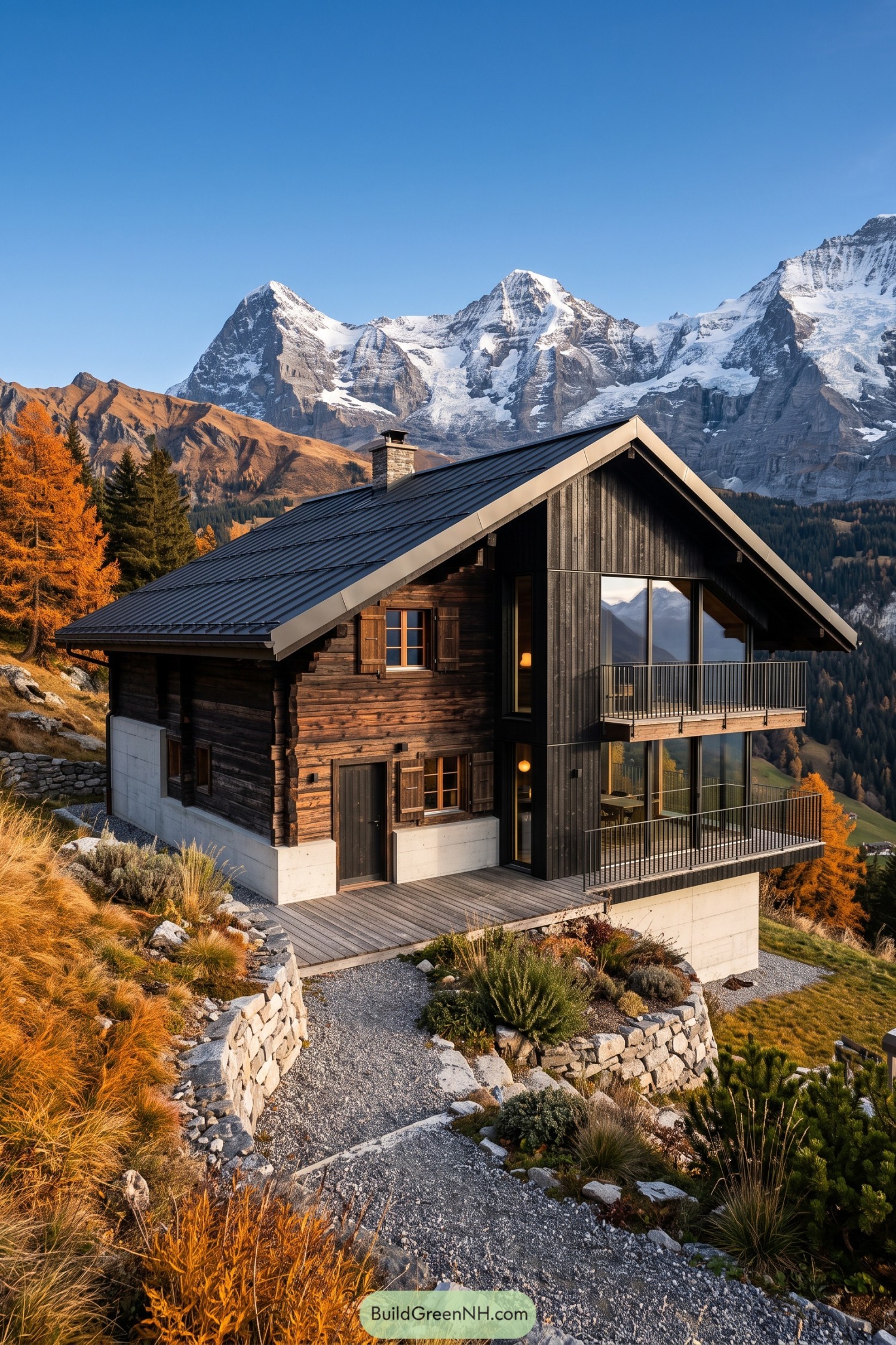 Contemporary timber chalet with glass balconies beneath snowy peaks