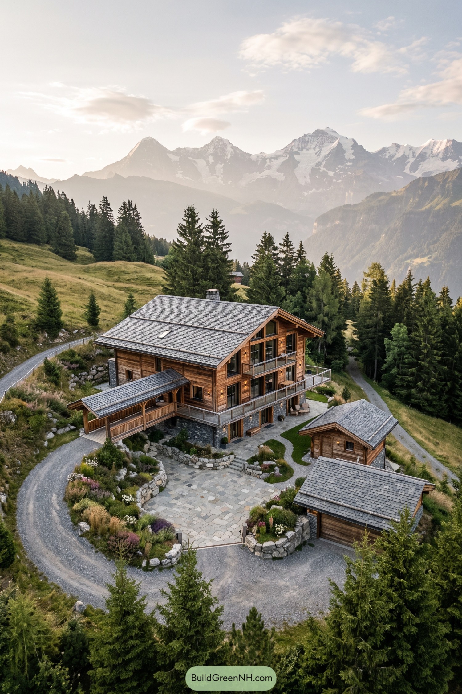 Timber chalet with slate roofs above an alpine valley