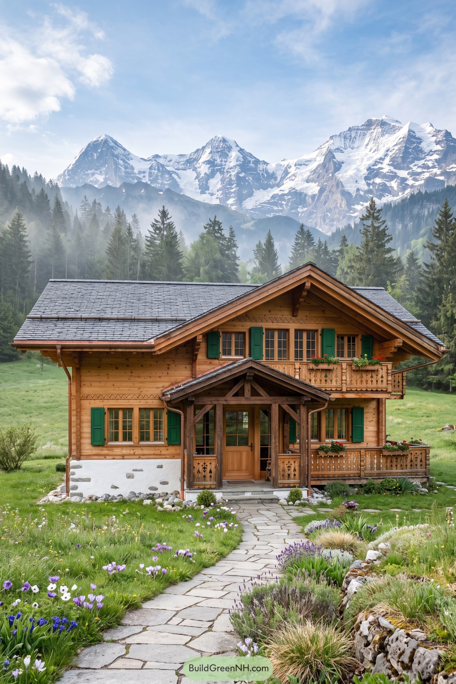 Timber Swiss chalet with green shutters and carved balconies