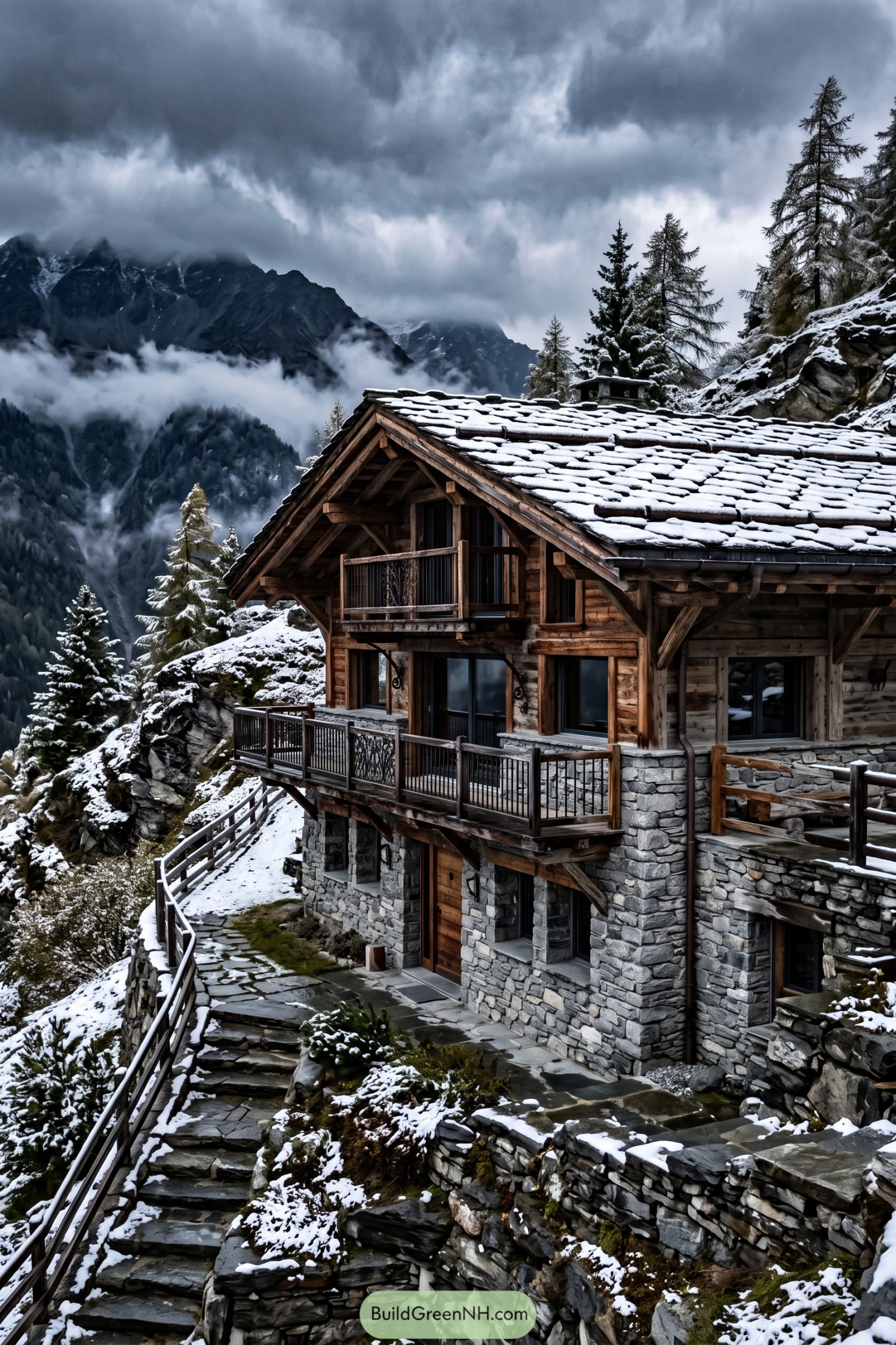 Snow-covered timber chalet with stone walls on a mountain slope