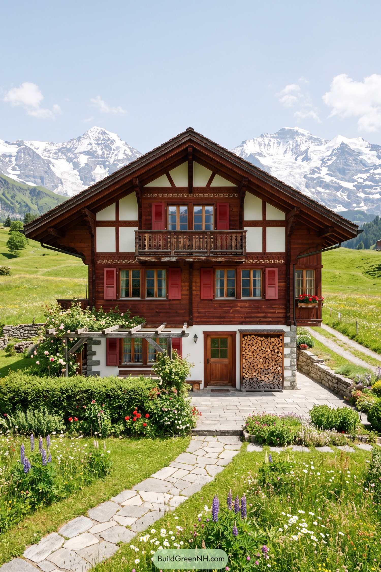 Three story Swiss chalet with red shutters carved balcony and flower garden