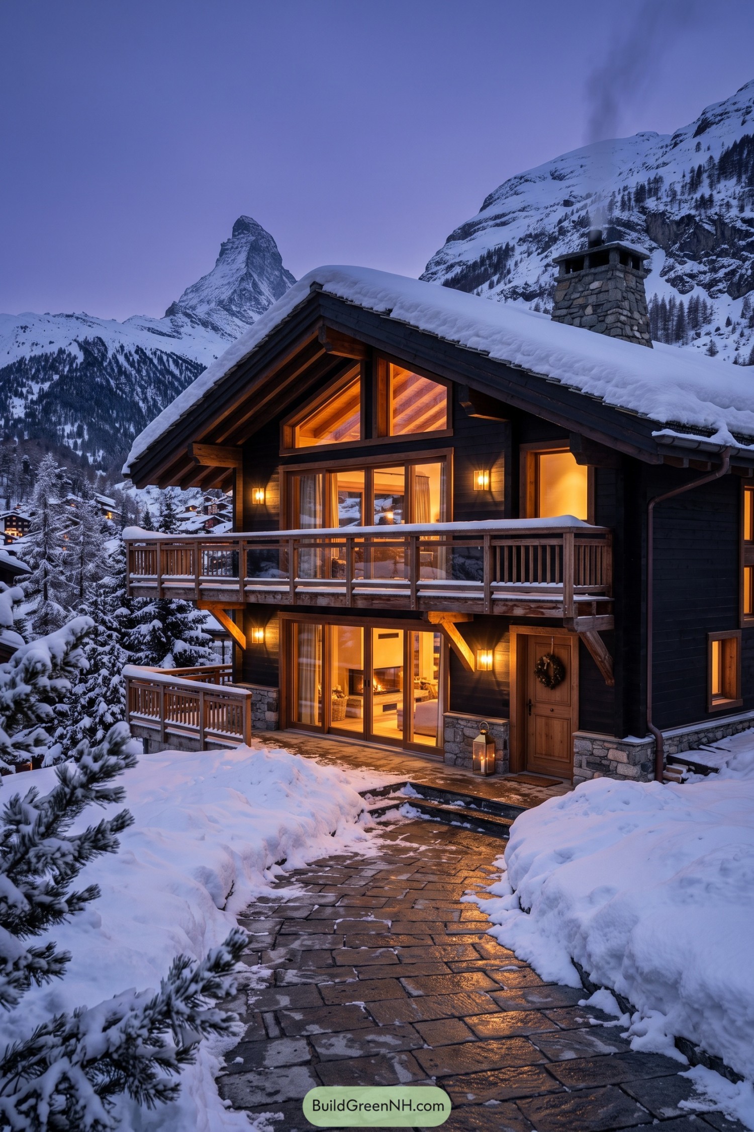 Snowy dark timber chalet with balconies and stone chimney beneath Matterhorn