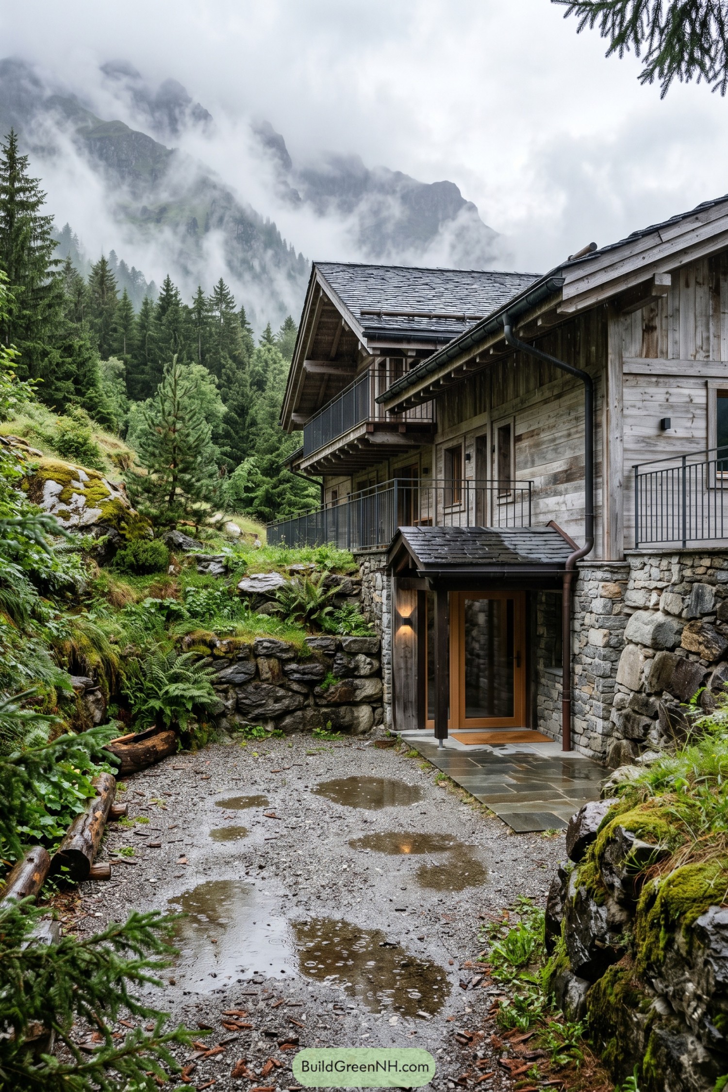 Timber chalet with stone walls and covered balconies in a misty alpine forest