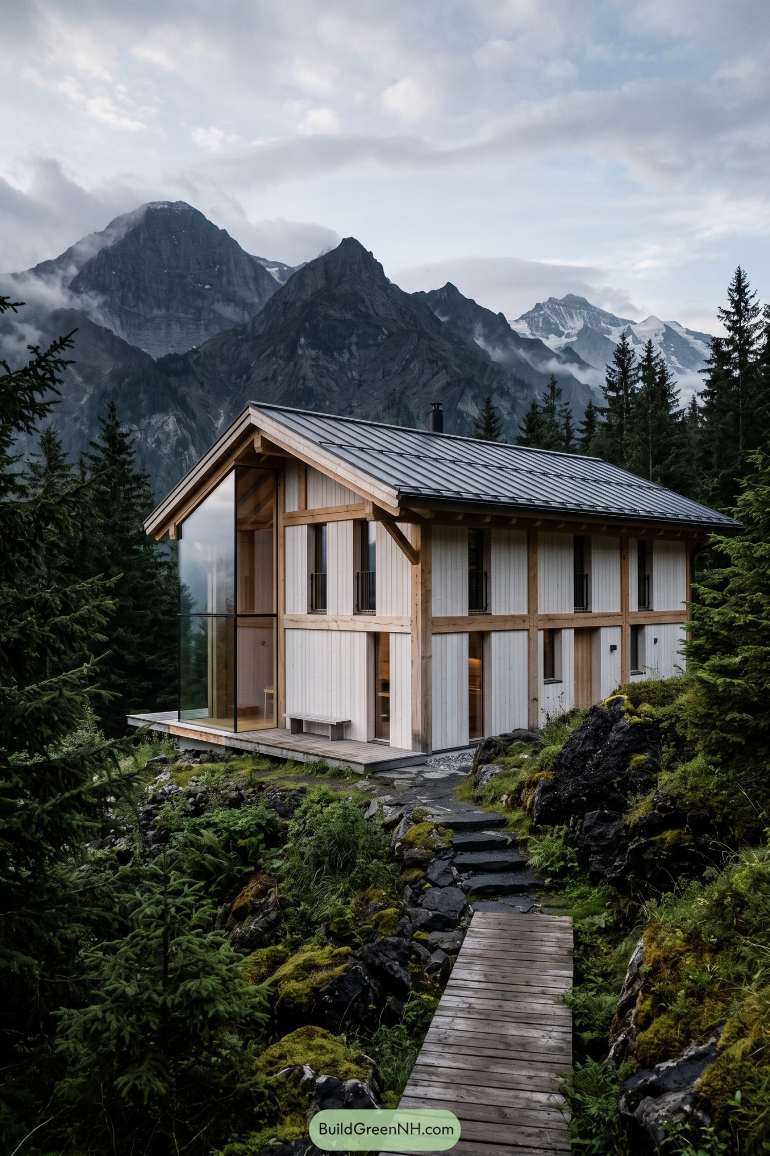 Modern timber chalet with a glass gable beside alpine peaks