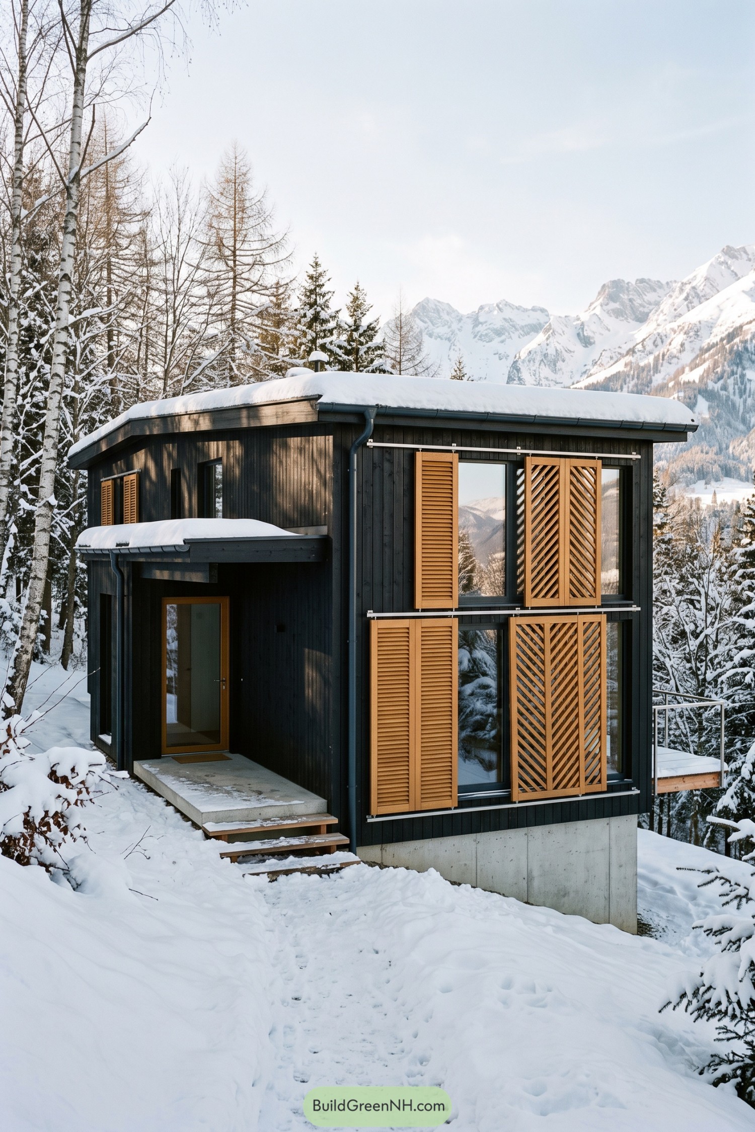 Dark timber mountain home with sliding louvered shutters in snow