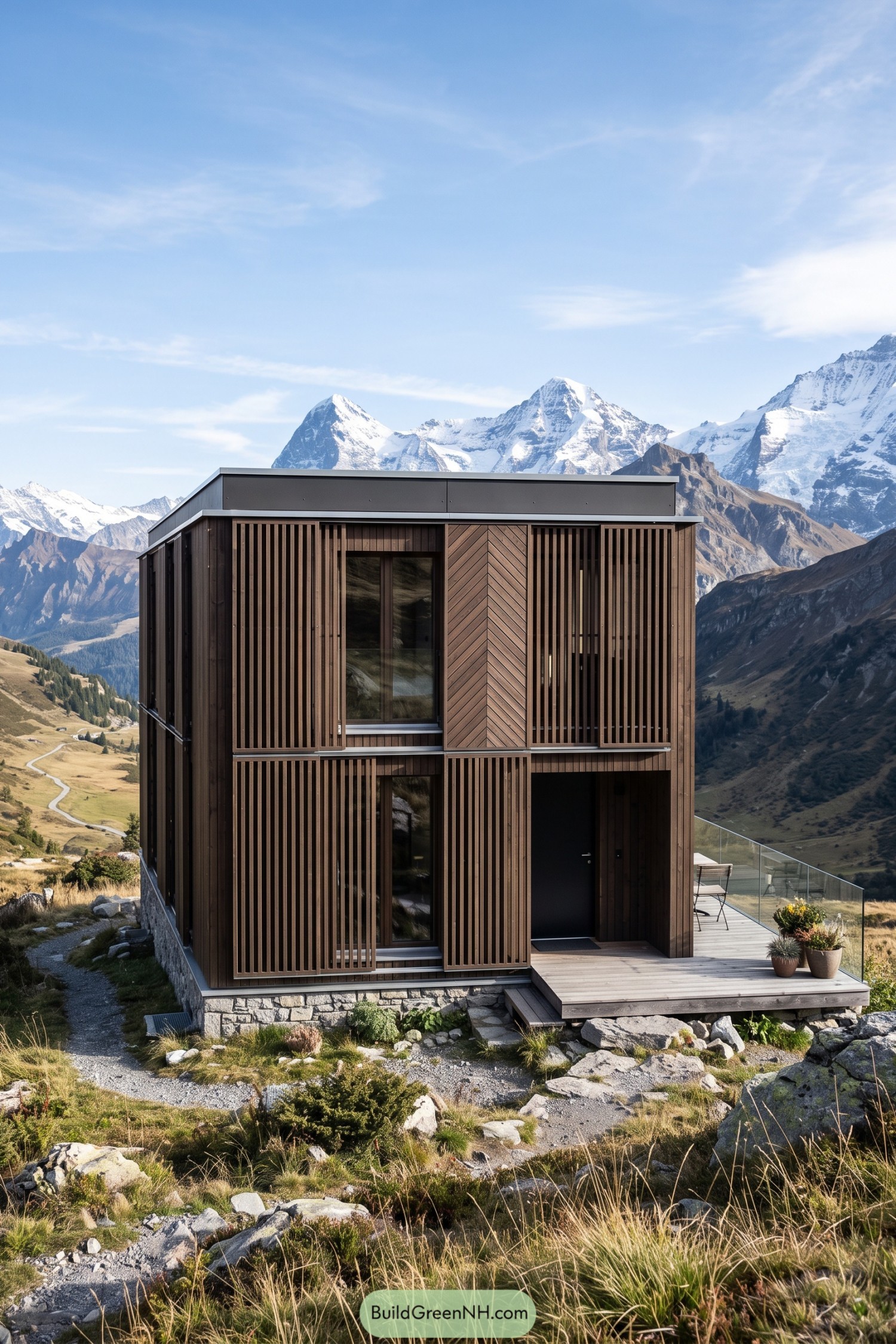 Two-story timber house with vertical sliding screens in an alpine valley