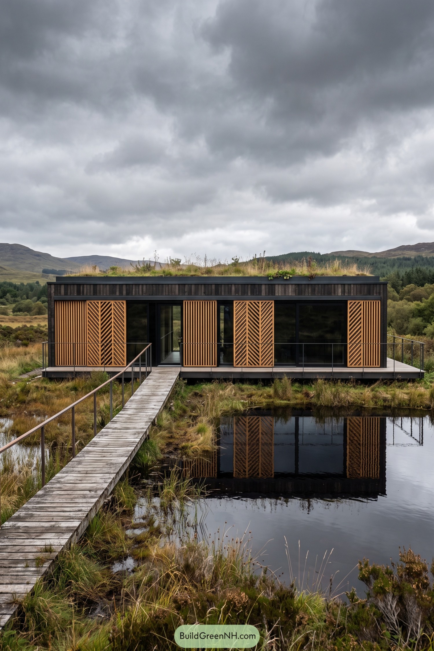 Timber cabin with patterned shutters beside a moorland pond