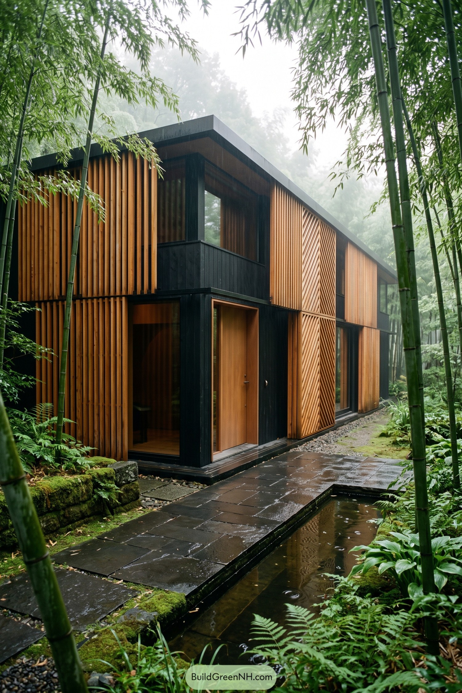 Two-story timber house with vertical shutters among bamboo