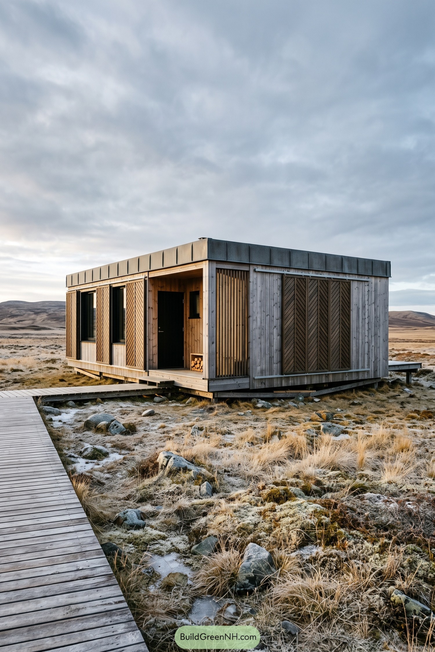 Compact timber cabin with sliding chevron and slatted facade panels