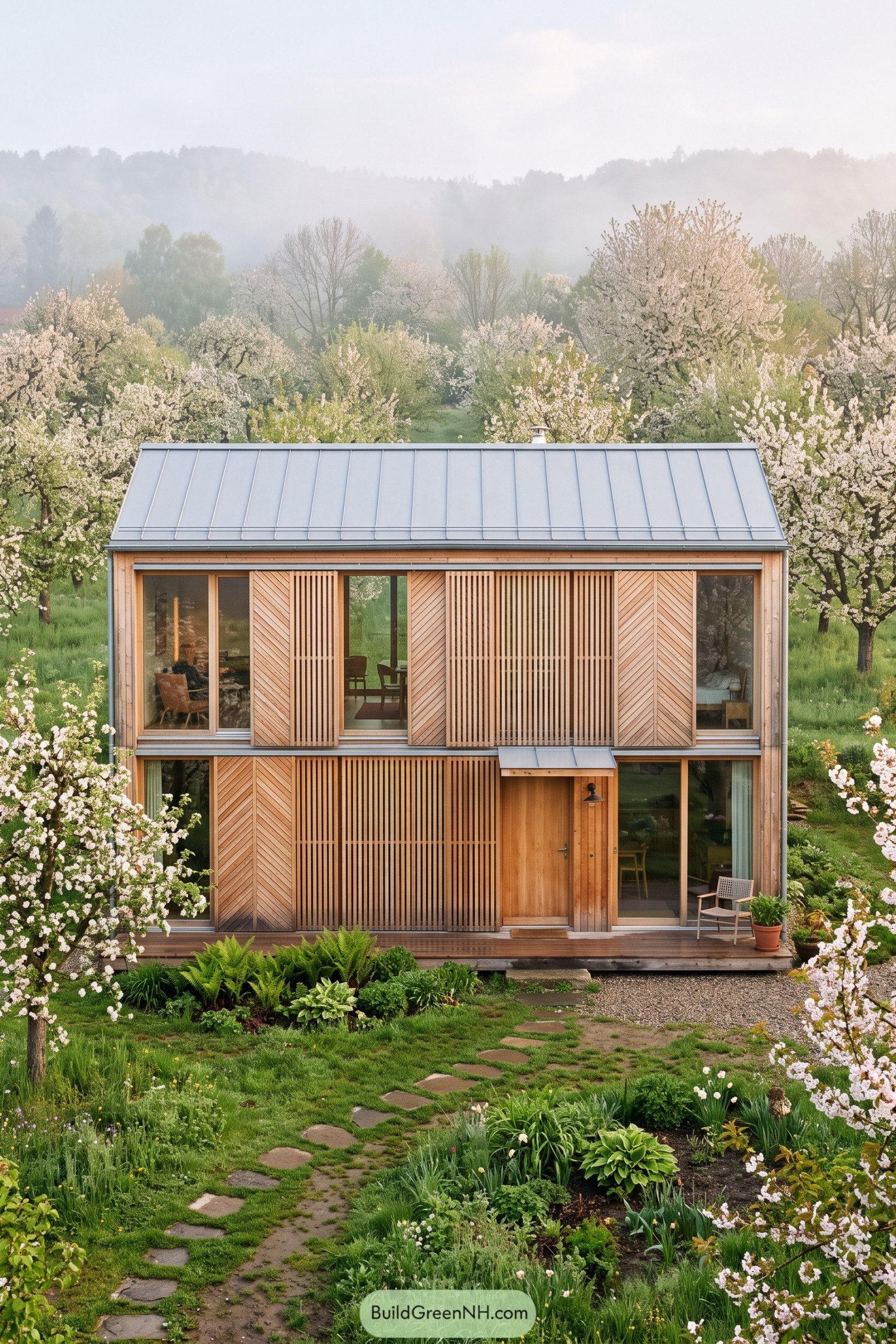 Two-story timber home with sliding cedar screens in a flowering orchard