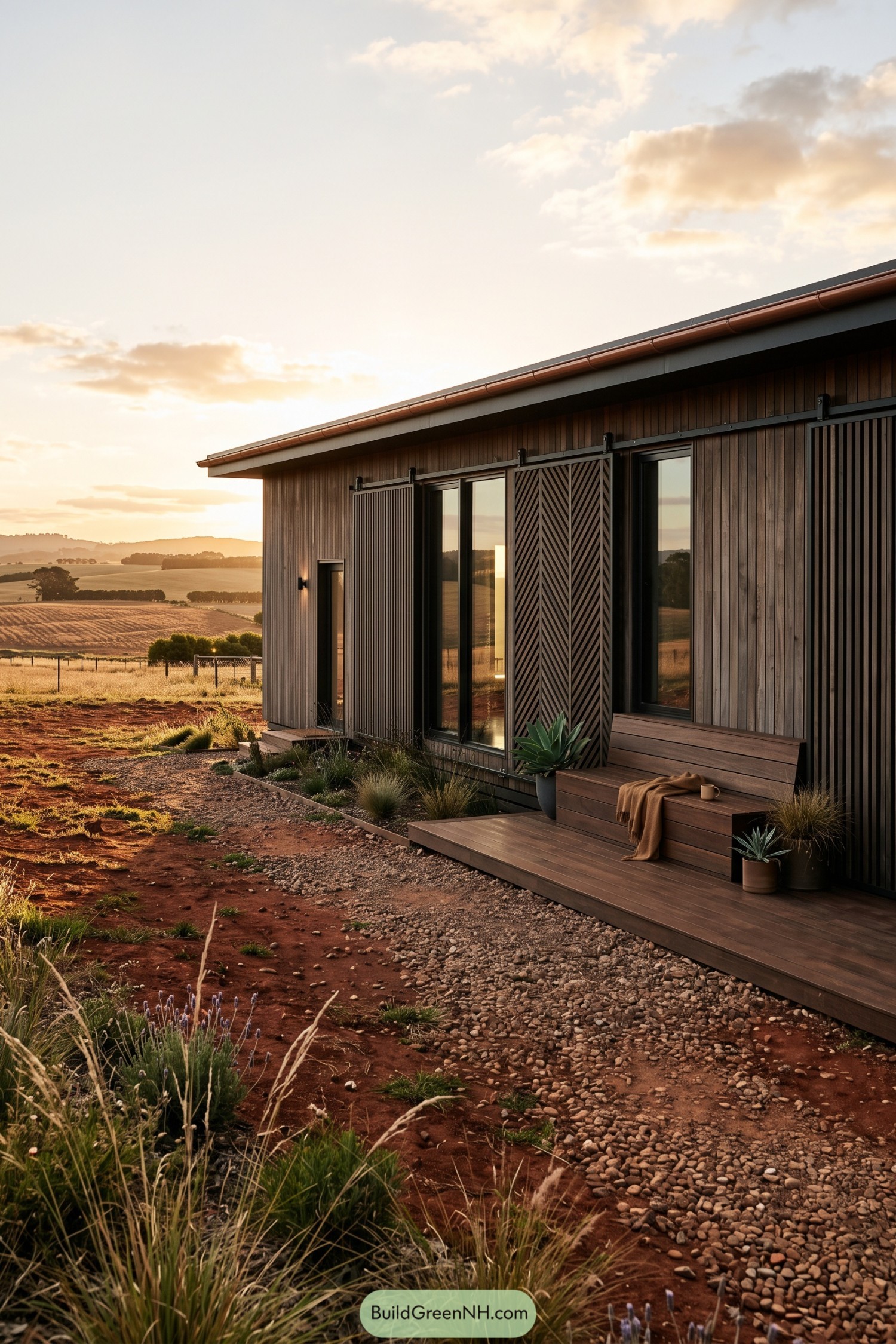 Timber cottage with sliding slatted screens overlooking fields