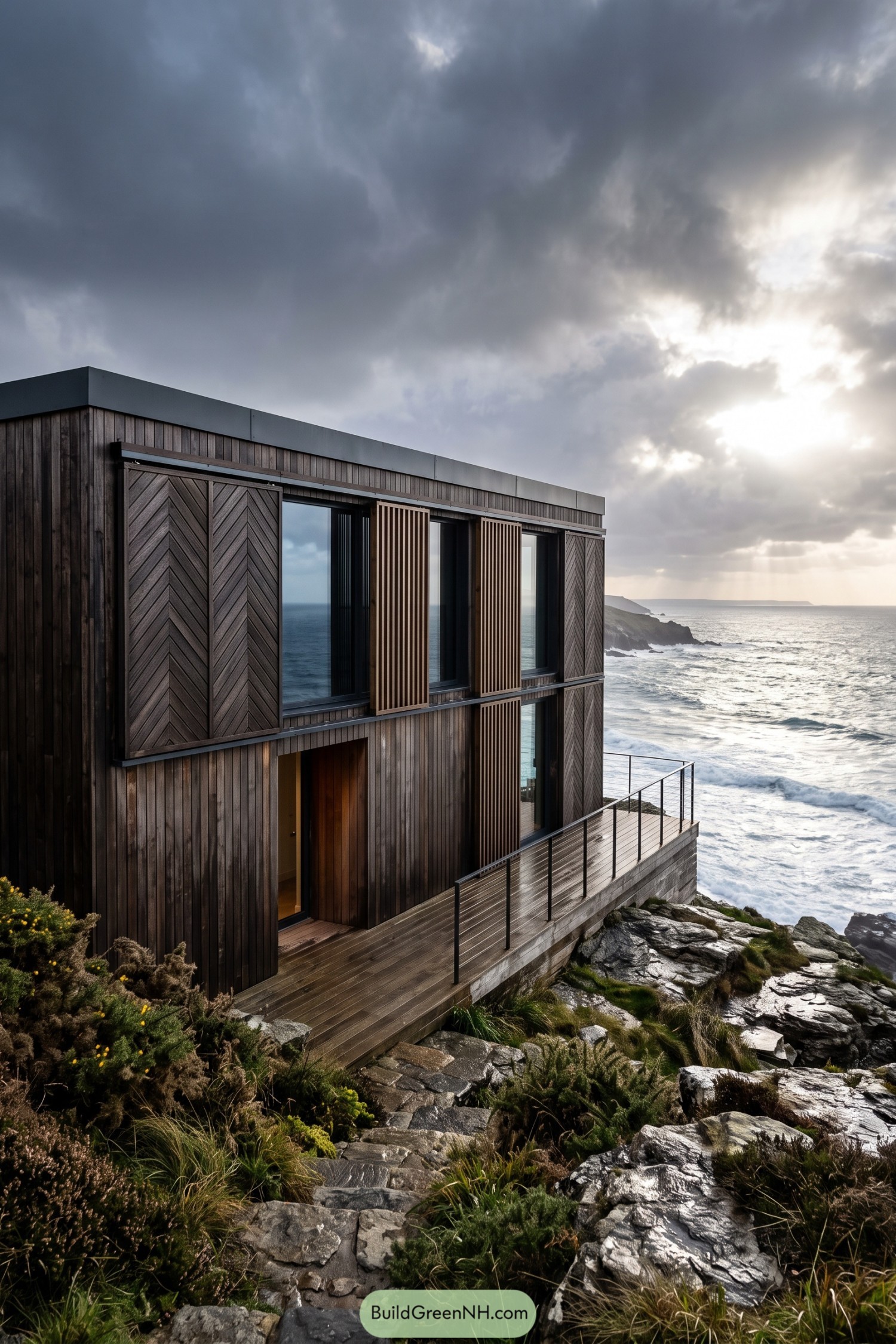 Cliffside timber house with sliding shutters overlooking rough sea