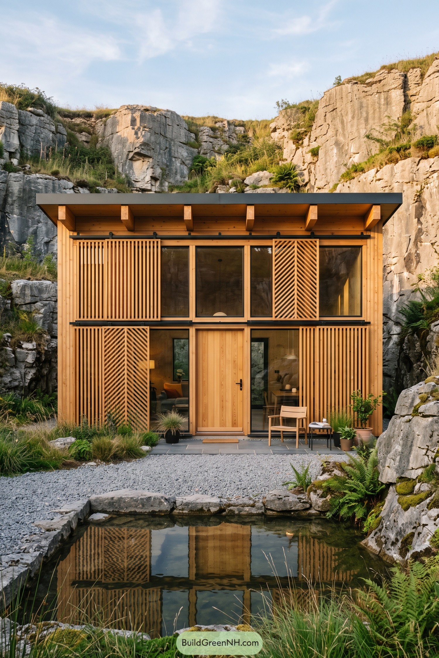 Timber home with sliding slatted screens beneath quarry cliffs