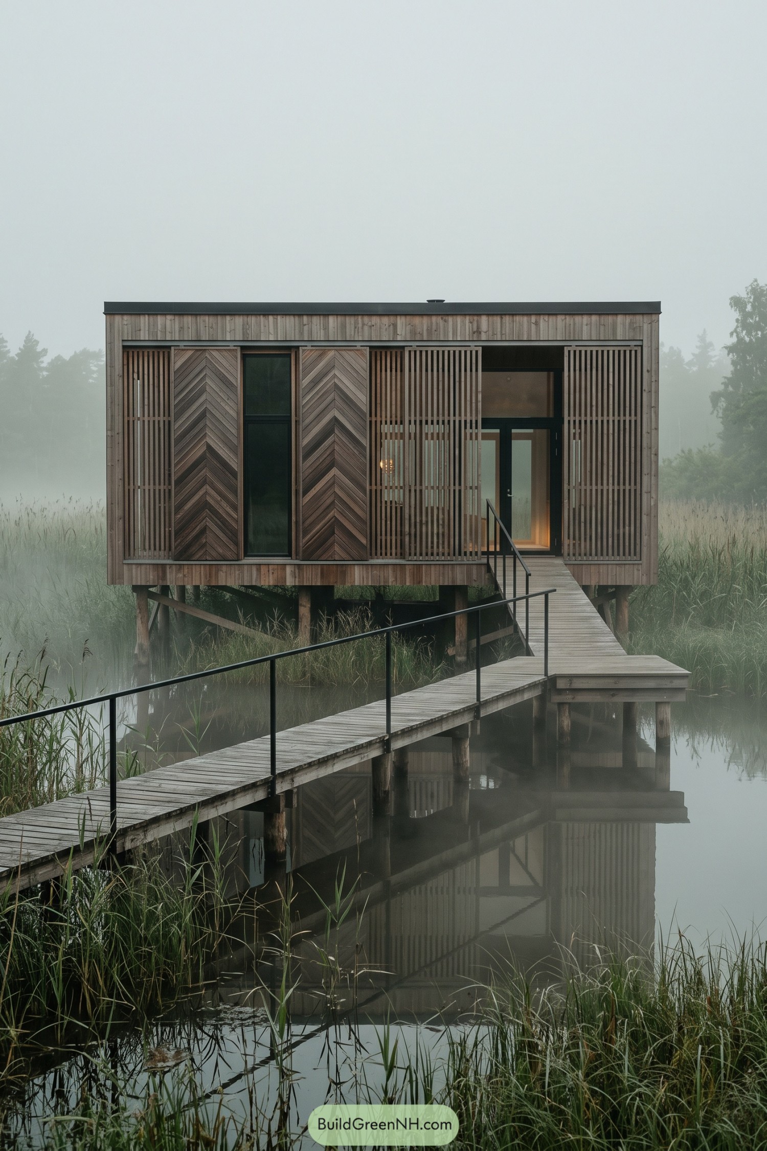 Timber stilt house with sliding facade panels above marsh water