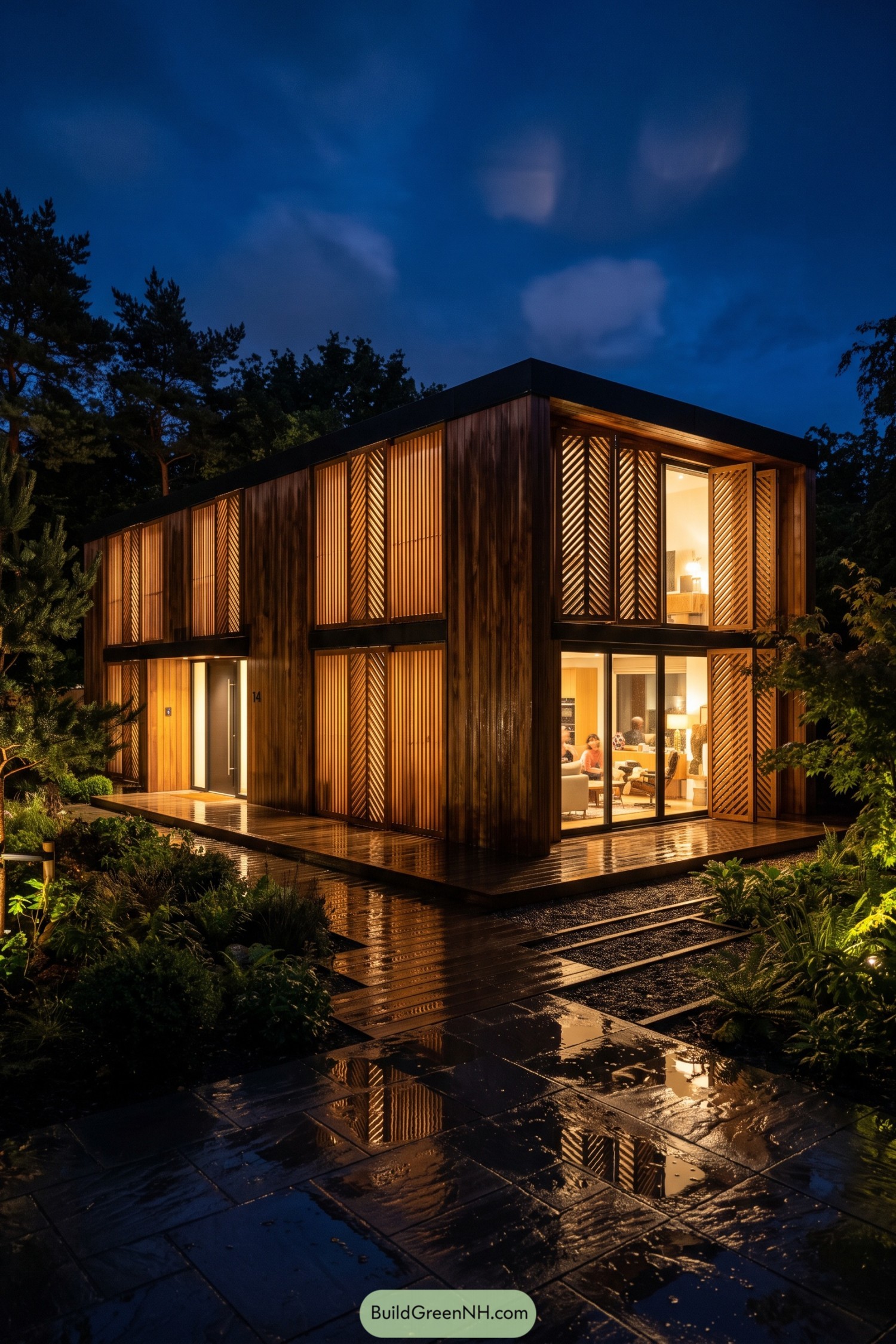Timber home with illuminated diagonal shutters after rain