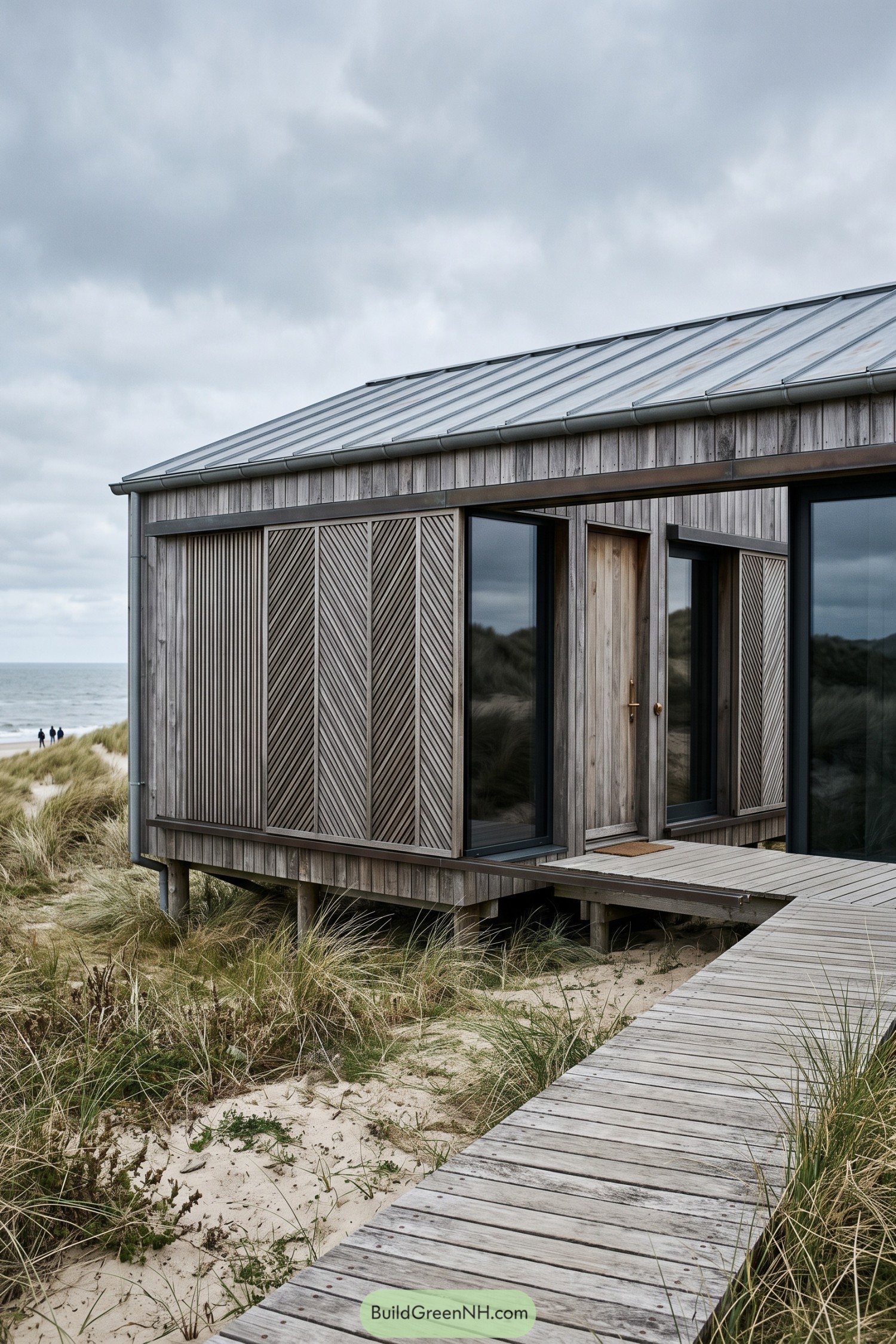 Timber dune house with sliding patterned facade screens