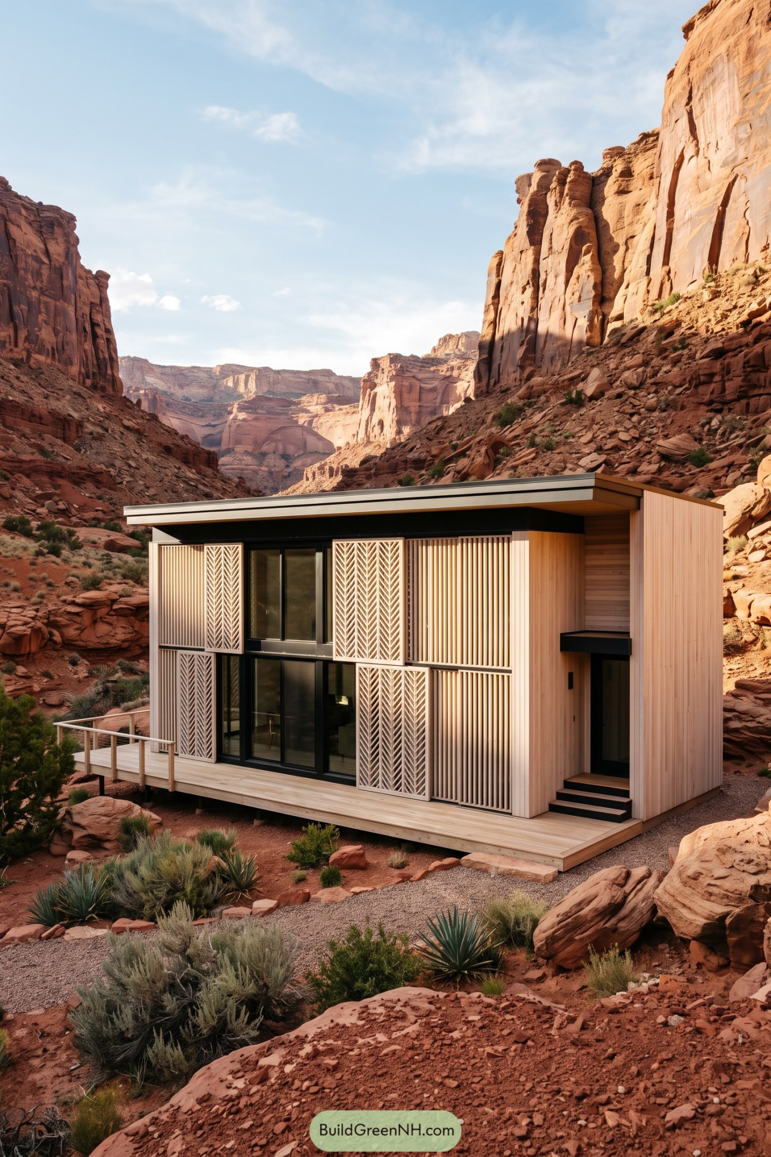 Timber pavilion with chevron screens in a desert canyon