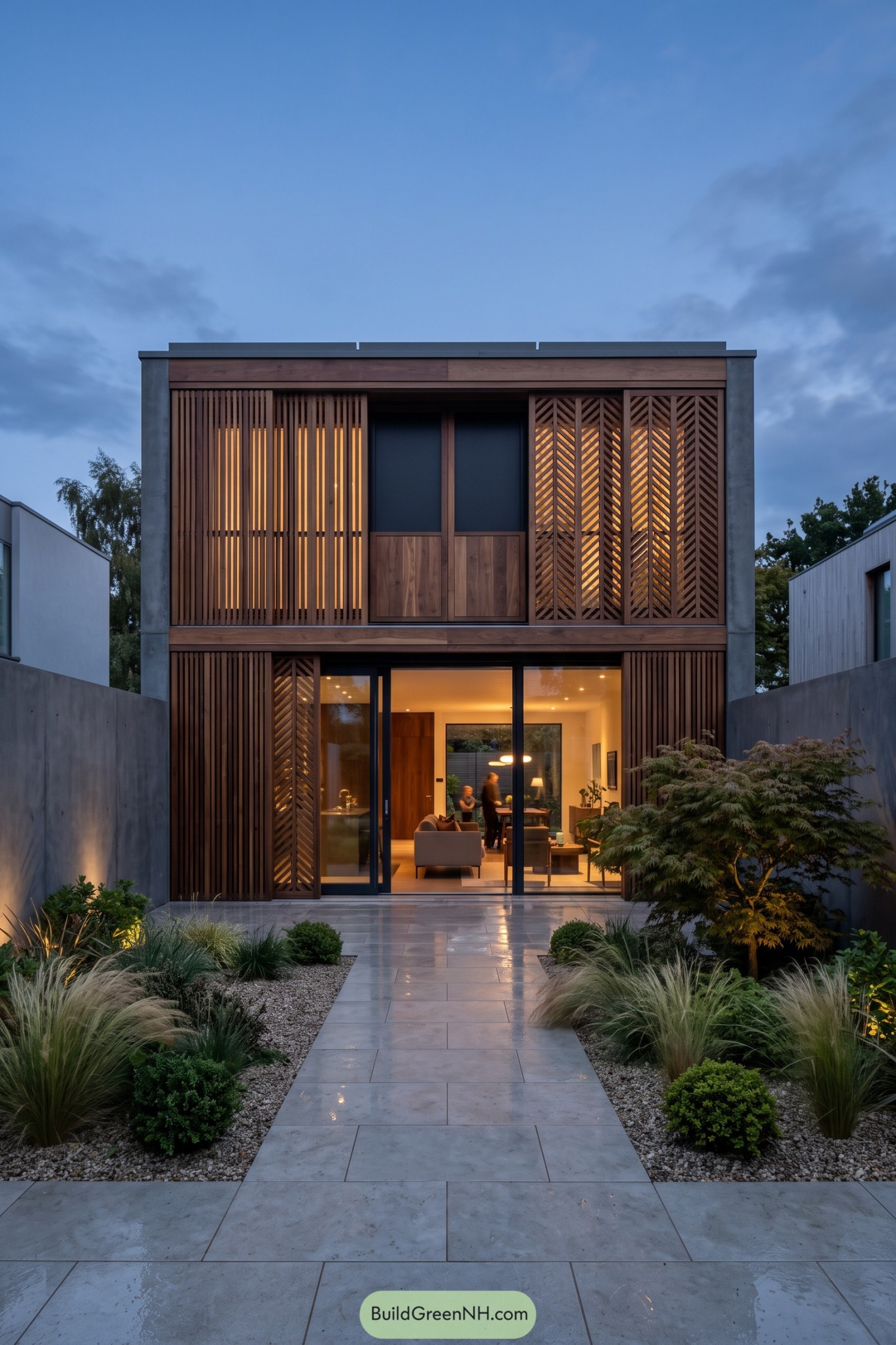 Two-story timber house with patterned adjustable screens