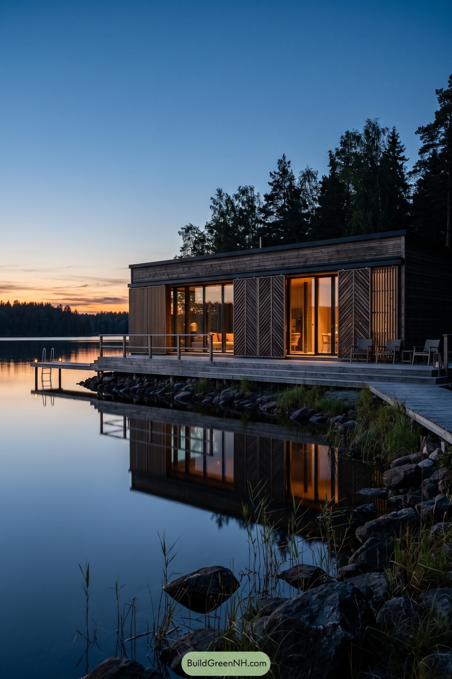 Timber lakeside home with adjustable patterned screens at dusk