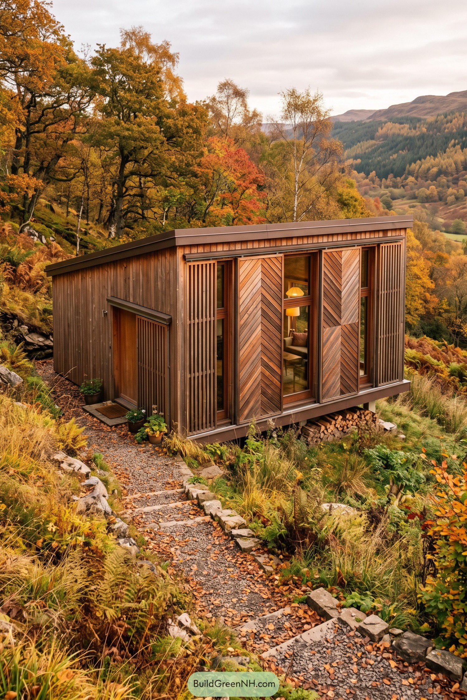 Timber hillside cabin with sliding chevron shutters