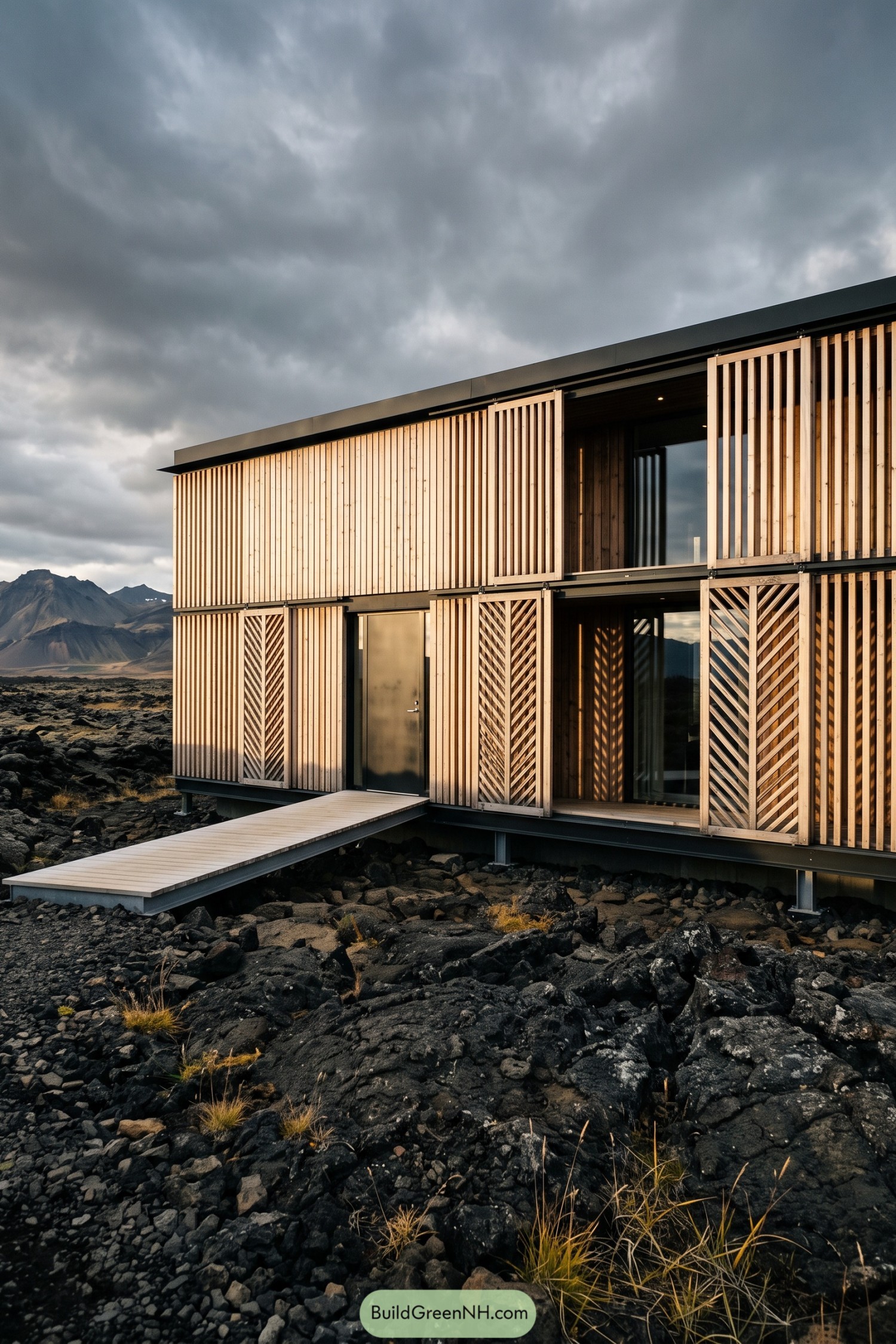 Timber lodge with sliding screens on a volcanic plain