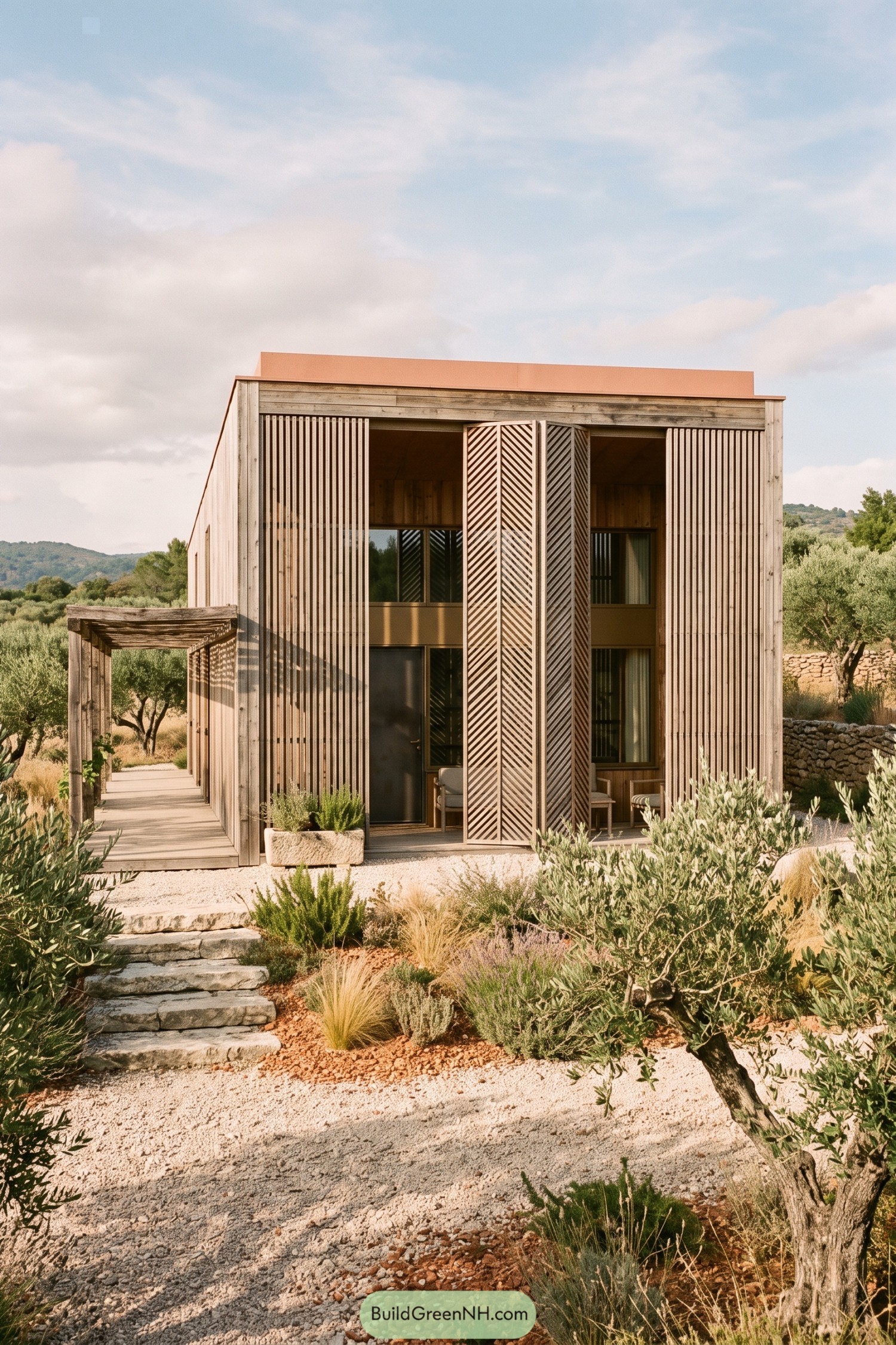 Timber house with sliding screens among olive trees