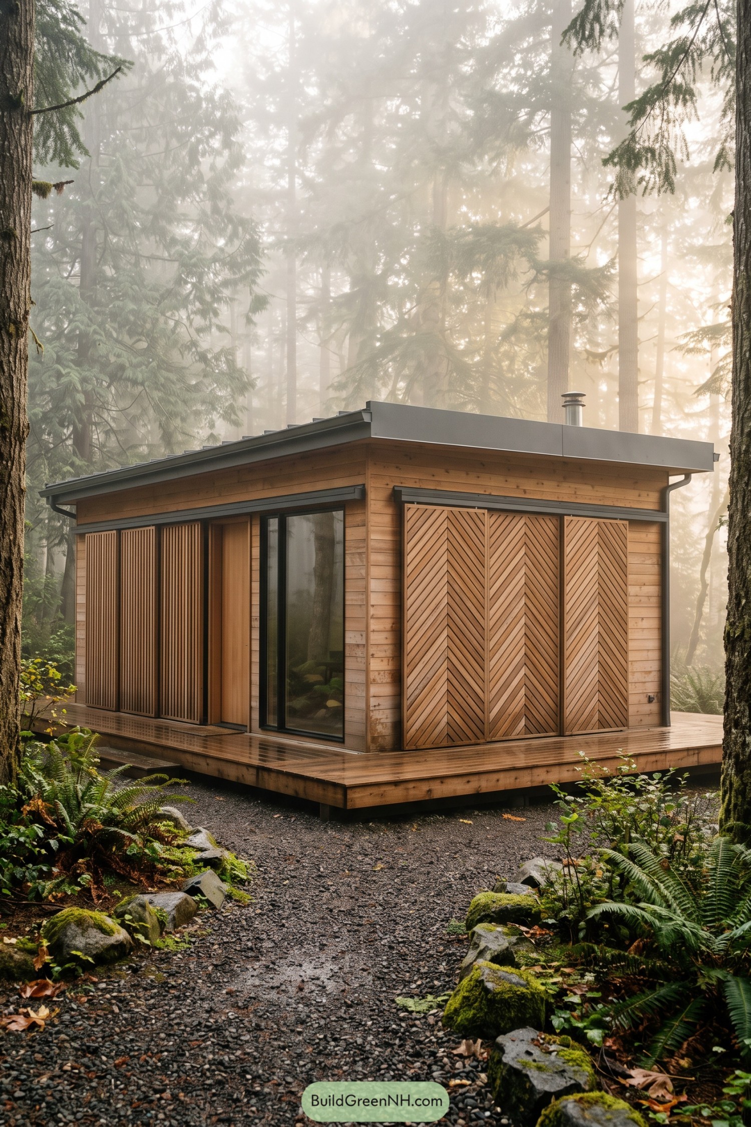 Compact timber cabin with adjustable wood screens in a misty forest