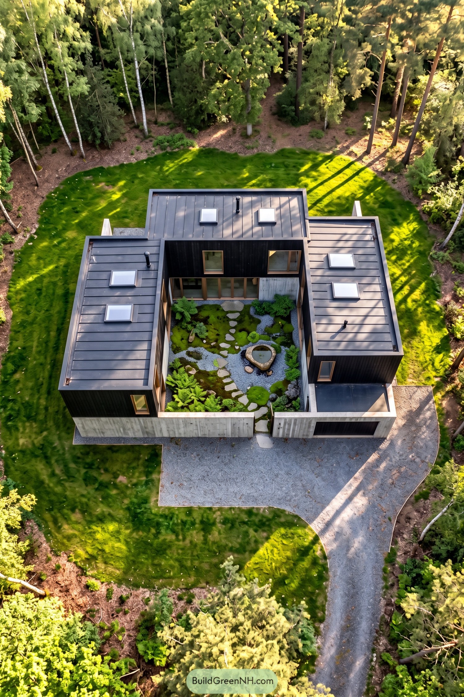 Aerial view of a dark timber villa enclosing a mossy courtyard with stepping stones and a stone water basin