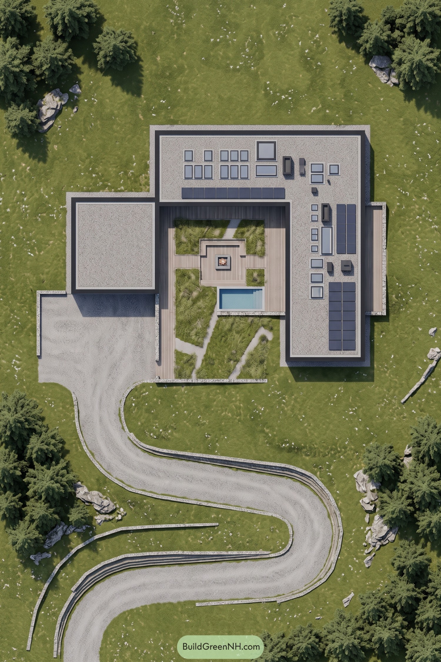 Aerial view of a flat-roofed villa with solar panels surrounding a planted courtyard with timber decking and a small pool