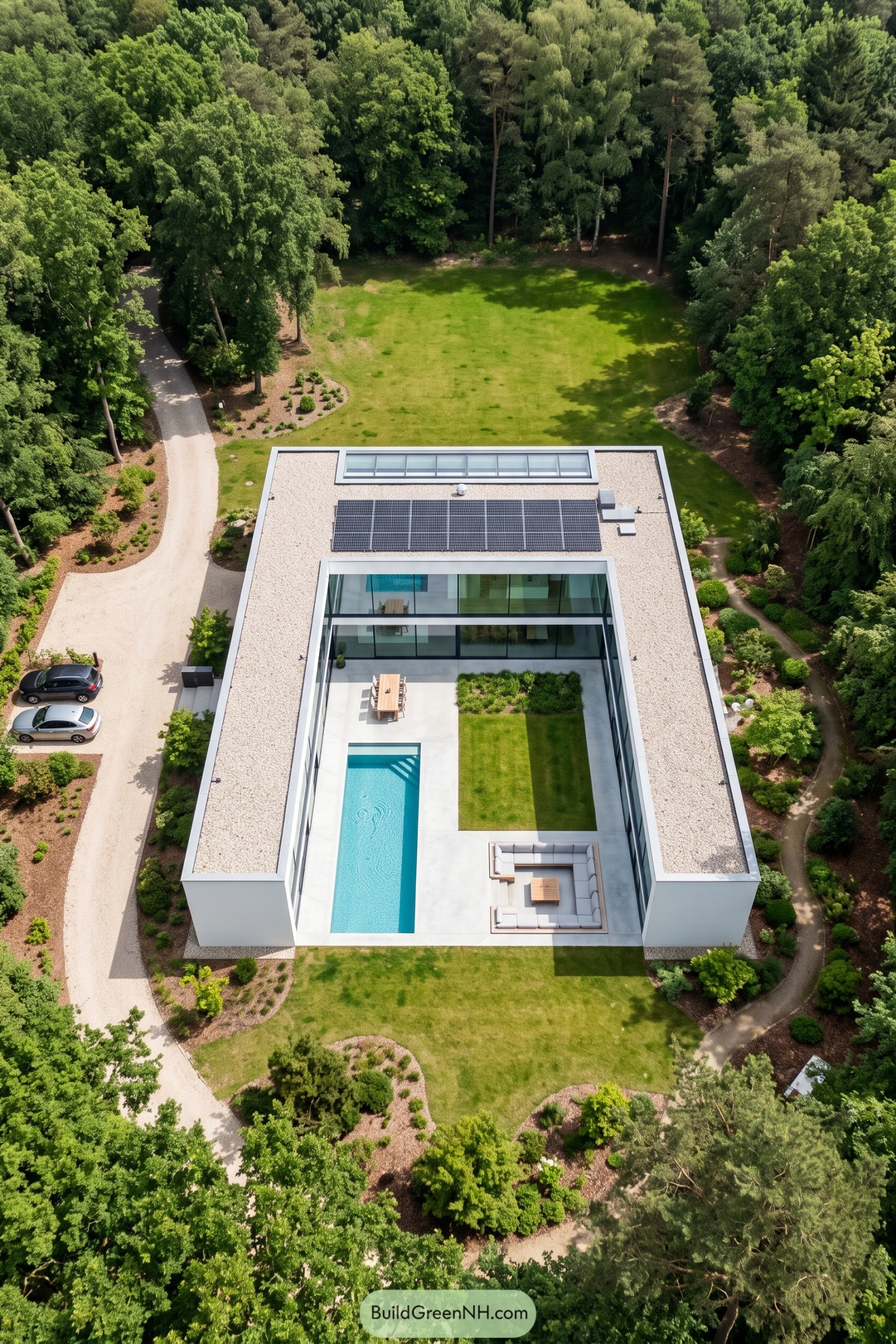 Aerial view of a modern villa with a pool courtyard, lawn, glass walls, and rooftop solar panels surrounded by woodland