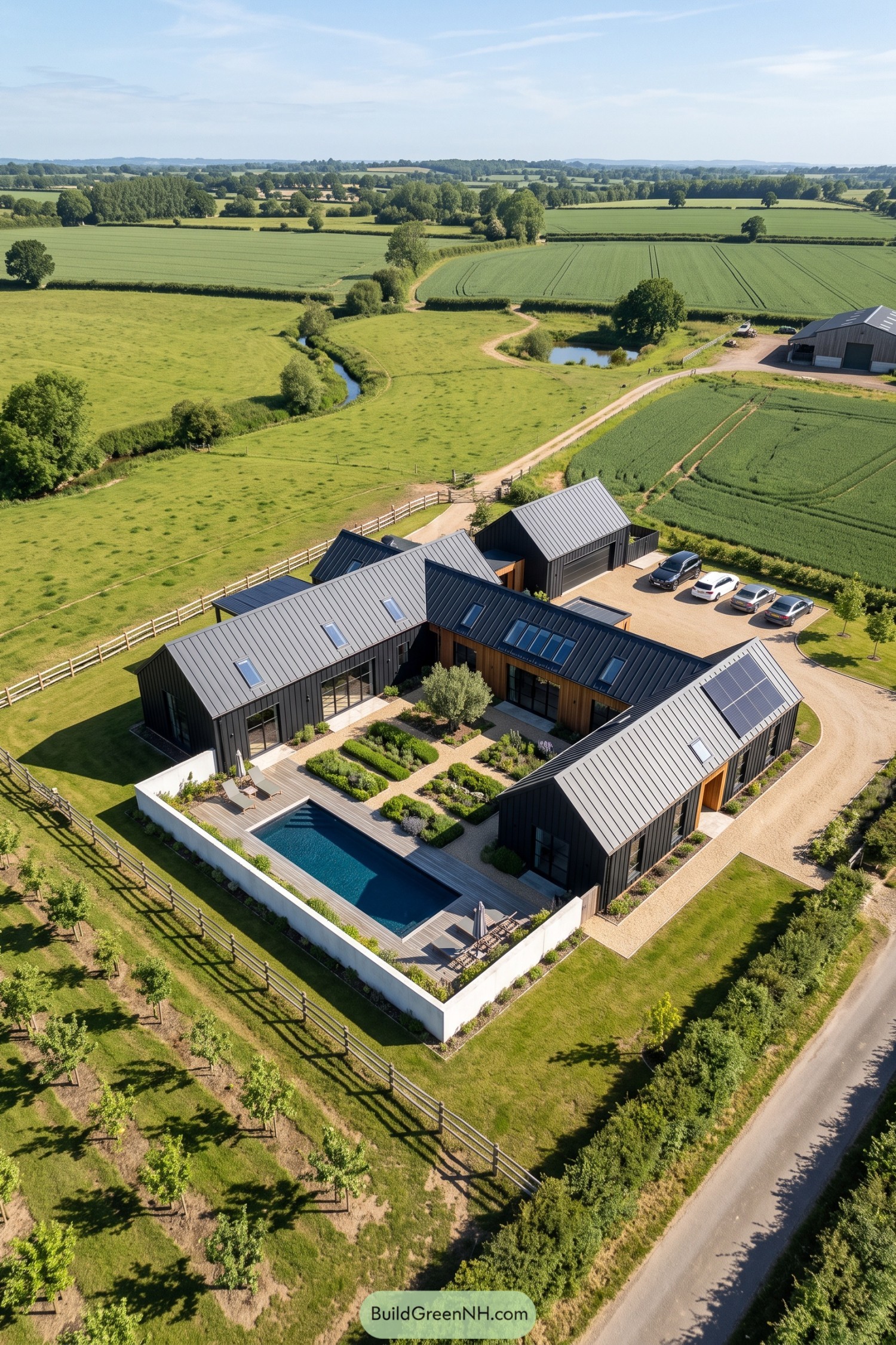 Aerial view of a barn-style villa enclosing a planted courtyard and swimming pool amid open farmland