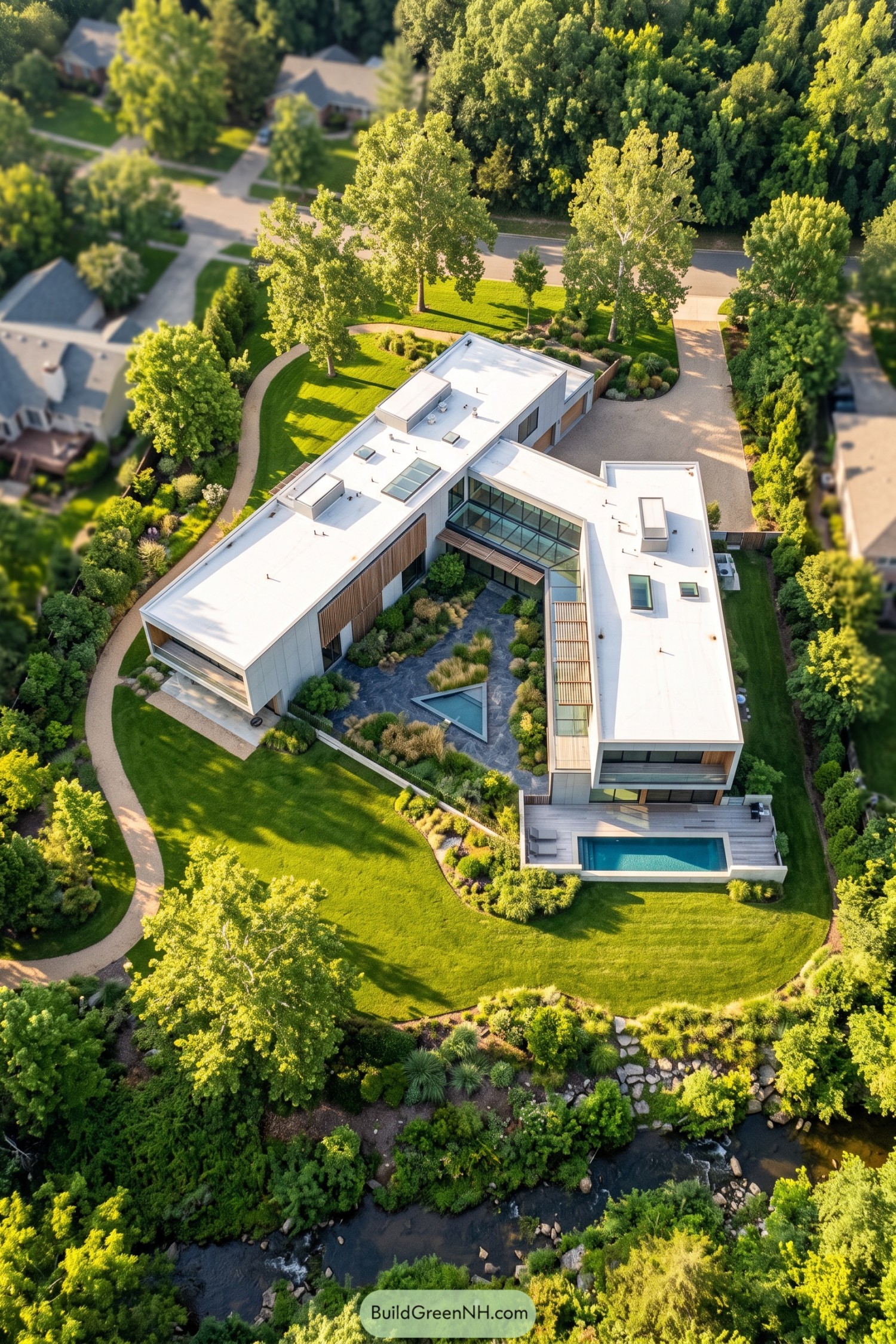 Aerial view of a modern courtyard villa with white roofs, timber screens, a triangular water feature, and a creekside garden
