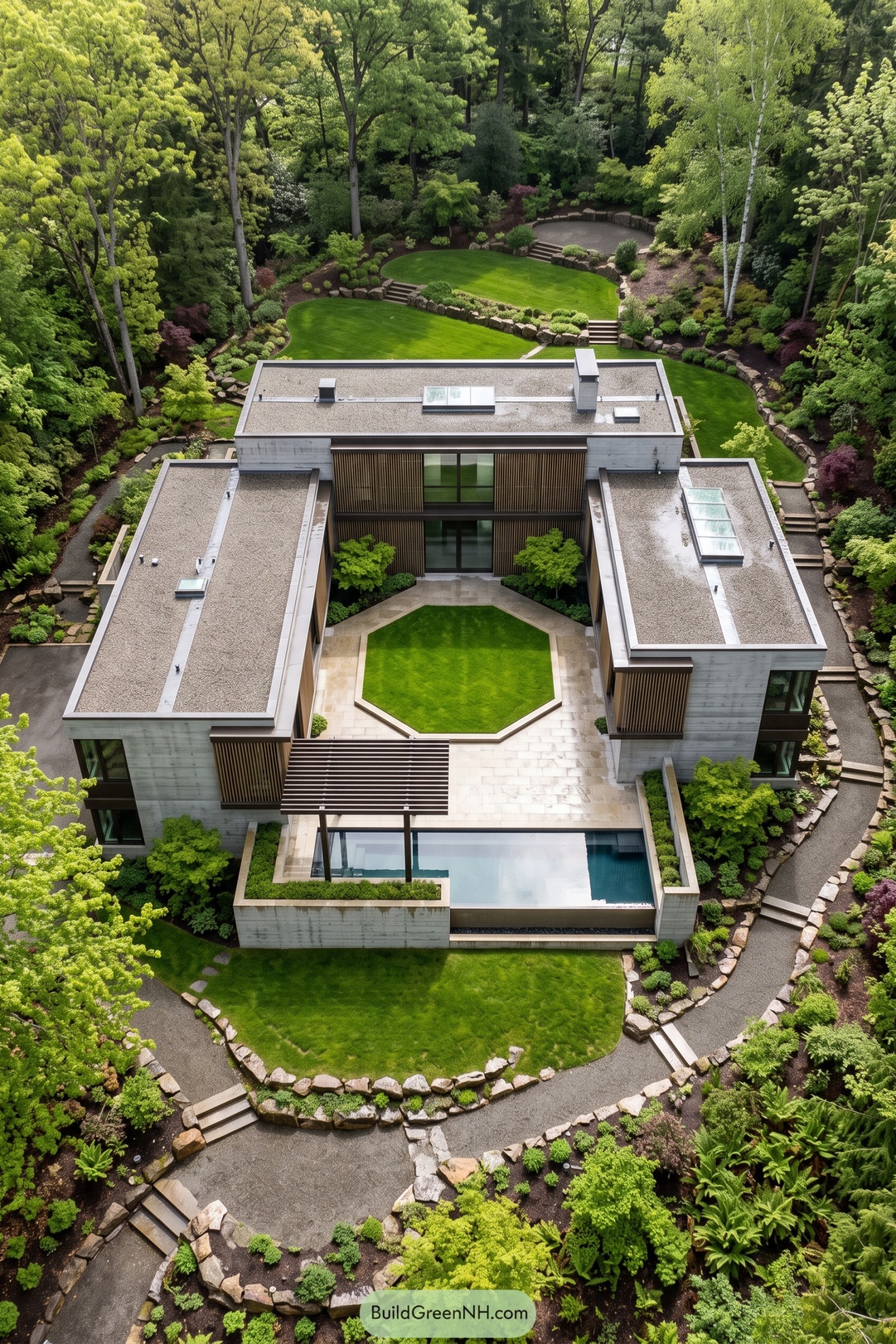Aerial view of a concrete villa enclosing an octagonal lawn with a pool and terraced woodland gardens