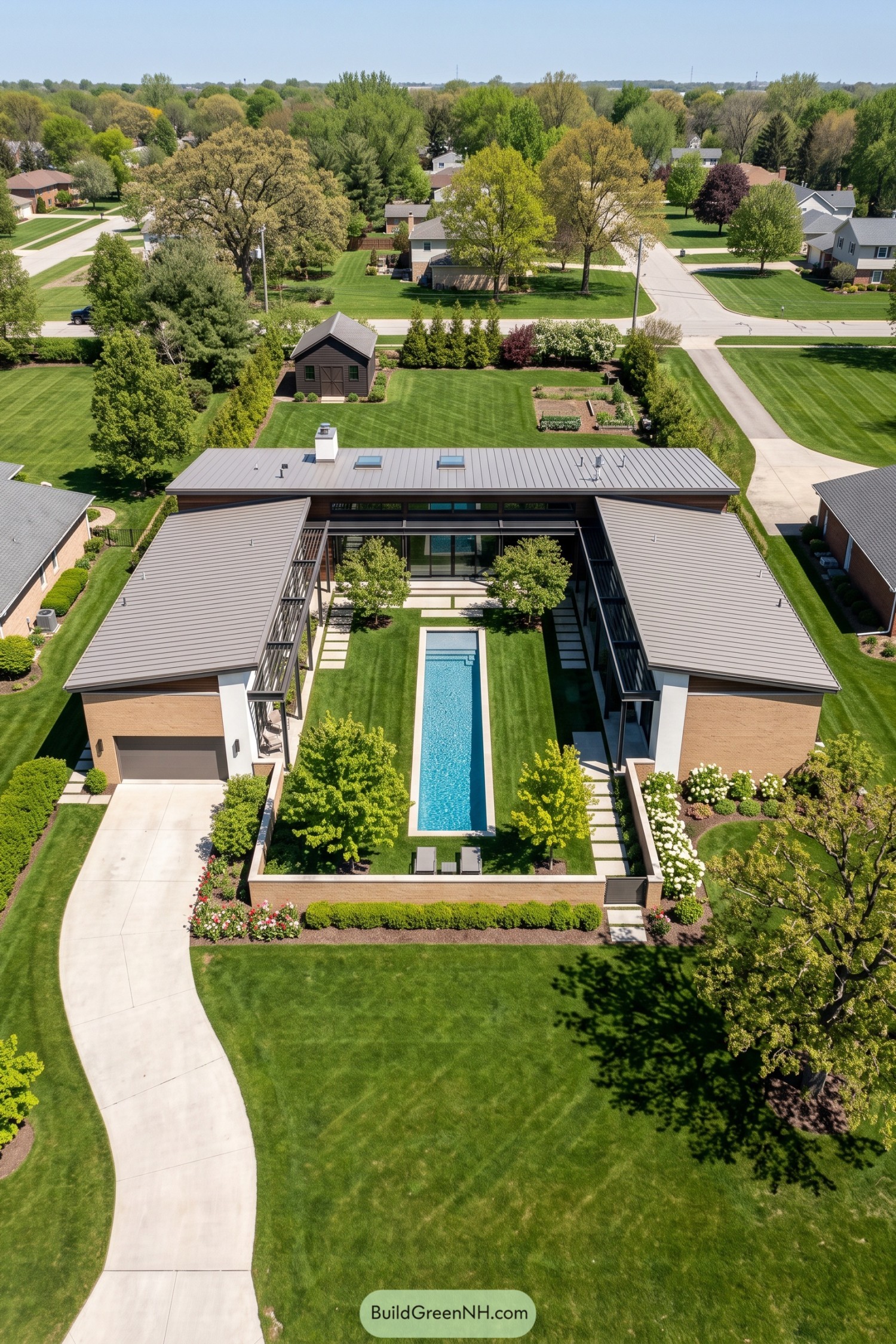 Aerial view of a brick courtyard villa with a narrow central pool, lawns, trees, and gray metal roofs