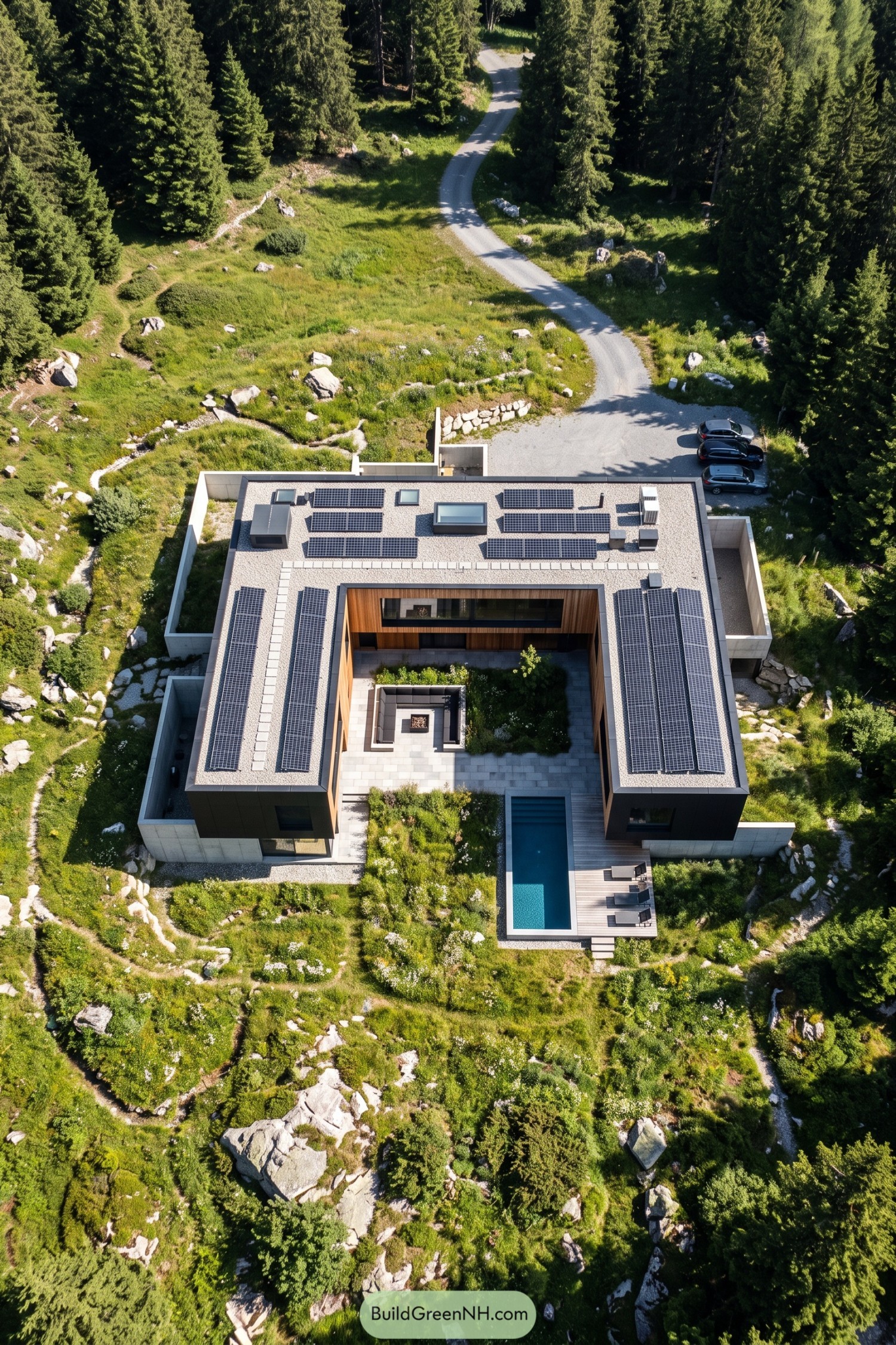 Aerial view of a woodland villa with rooftop solar panels, a timber courtyard, sunken seating, and a narrow pool