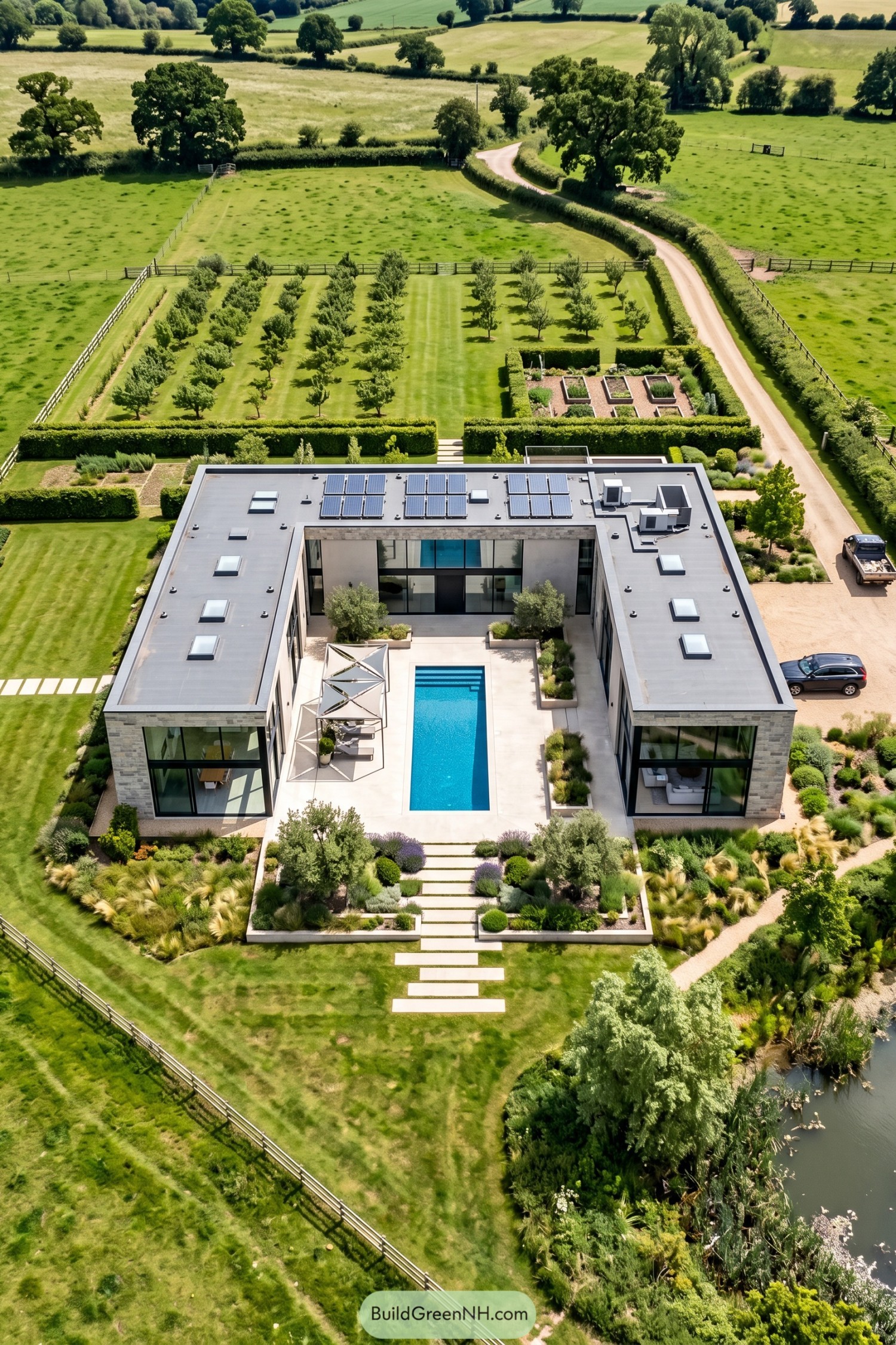 Aerial view of a stone villa framing a pool courtyard with fabric canopies and planted borders beside an orchard